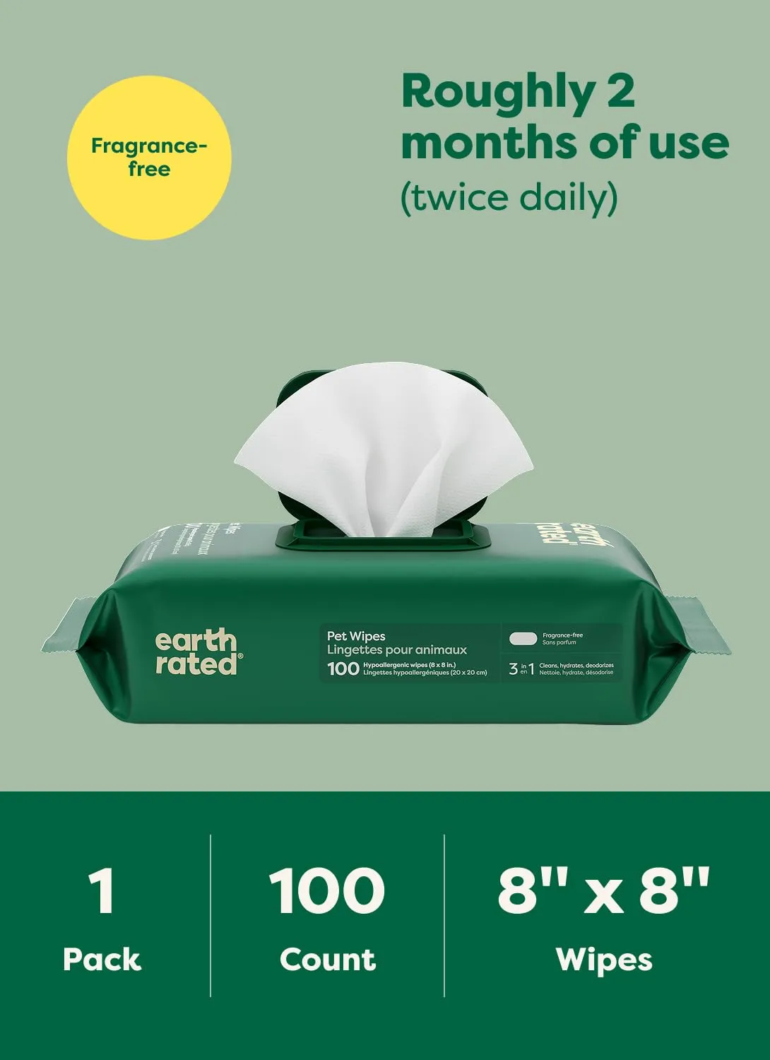 Earth Rated Salviette Ipoallergeniche per Cani, Senza Profumo, 100 Pezzi - immagine 8