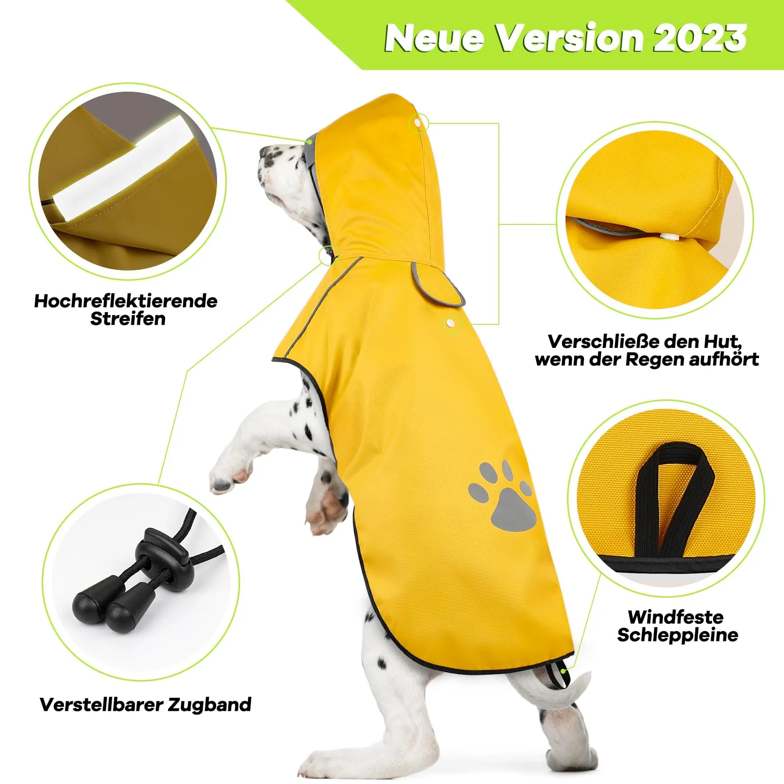 DQGHQME Impermeabile per Cane con Cappuccio e Catarifrangenti, Taglia XL, Giallo - immagine 4