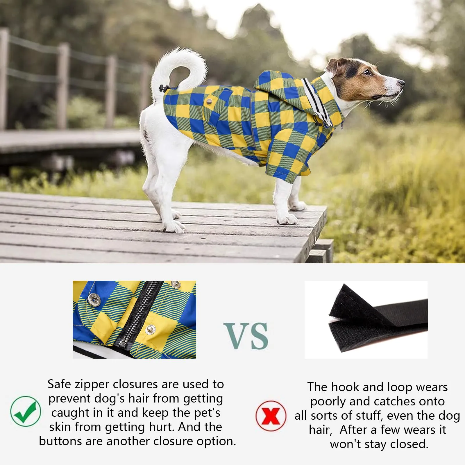 Impermeabile Morezi per cani, traspirante con cappuccio staccabile e cerniera, Quadretti Giallo, XL - immagine 5