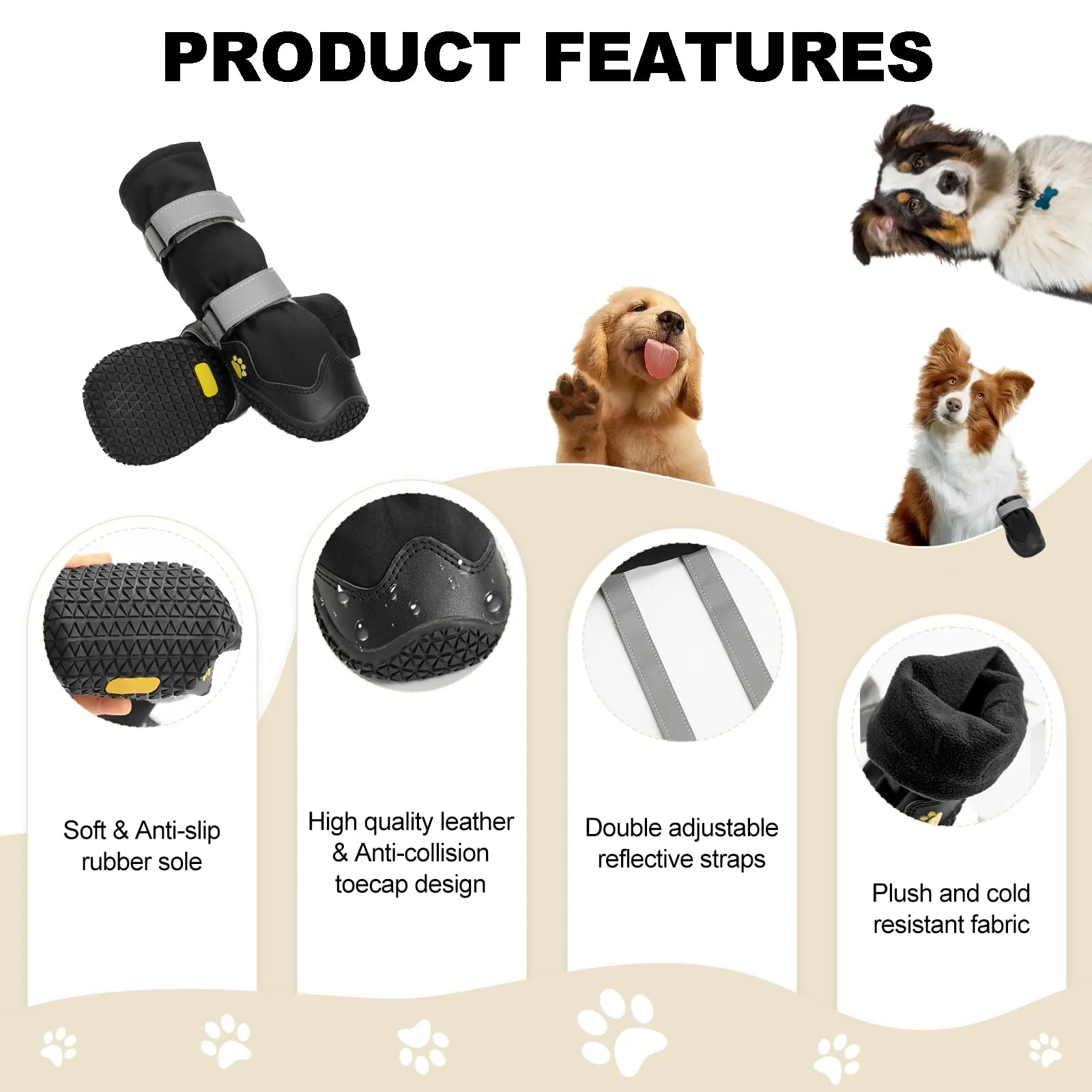 OHCOZZY Scarpette Antiscivolo Impermeabili per Cani con Cinghie Riflettenti, 4 Pezzi (L, Nero) - immagine 2