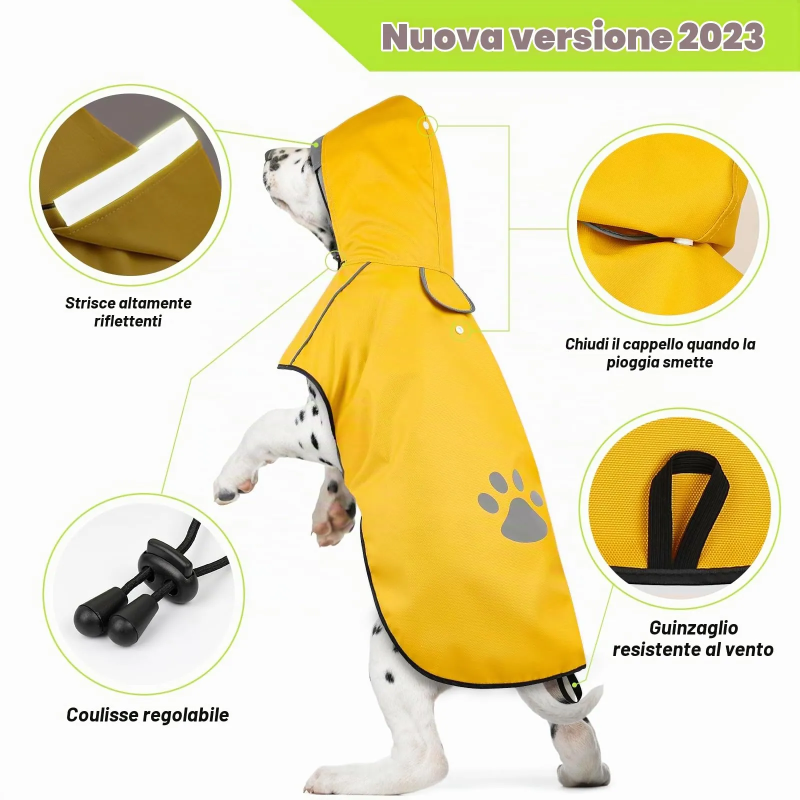 DQGHQME Impermeabile per Cane con Cappuccio, Regolabile, Nastro Riflettente e Foro per Colletto - L - immagine 4
