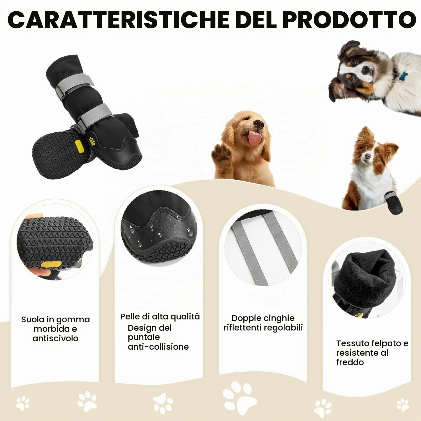 OHCOZZY Scarpette Antiscivolo Impermeabili per Cani con Cinghie Riflettenti, Nero, Taglia M, 4 Pezzi - immagine 2