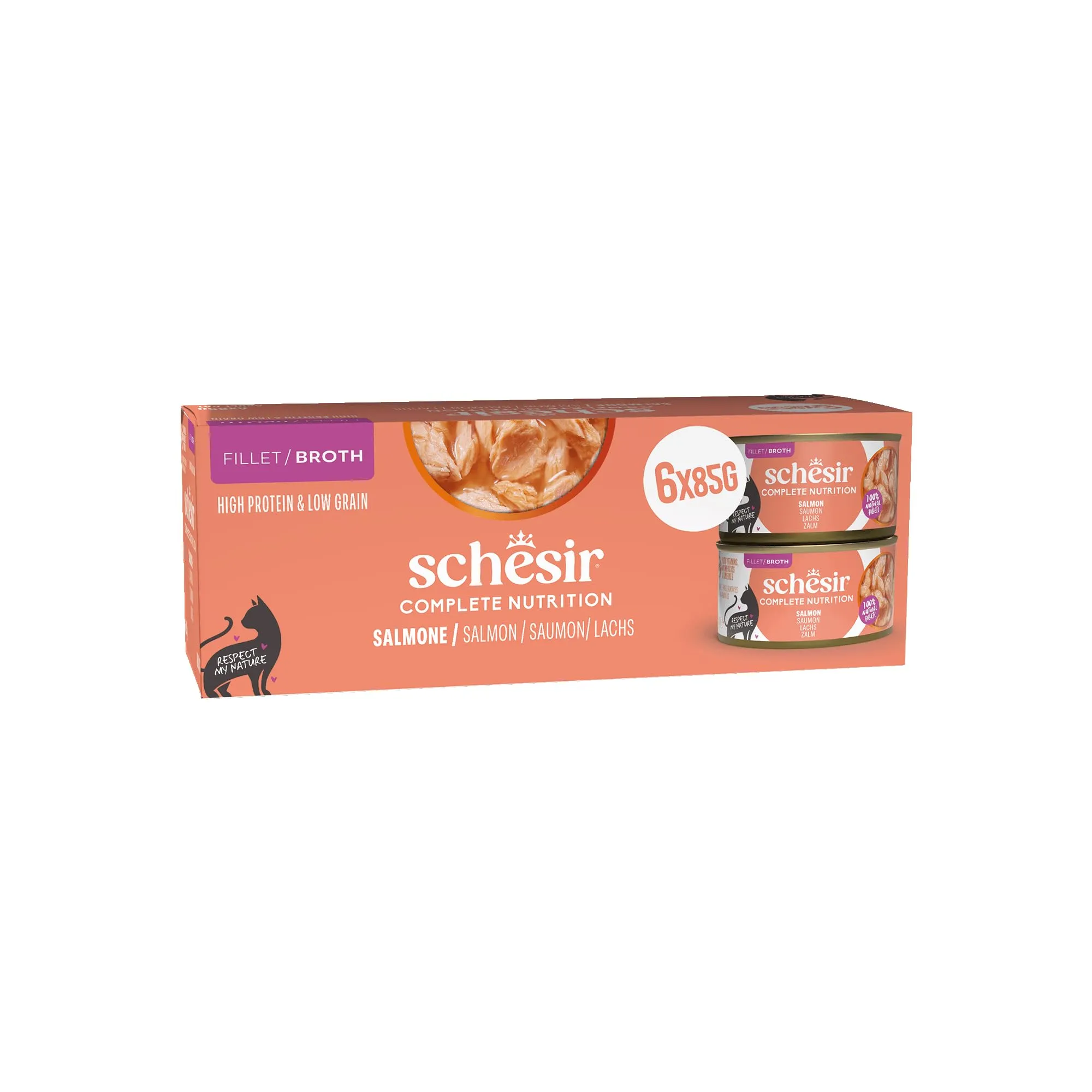 Schesir Salmone in Brodo Cibo Umido Completo per Gatti, 6 x 85g - immagine 1