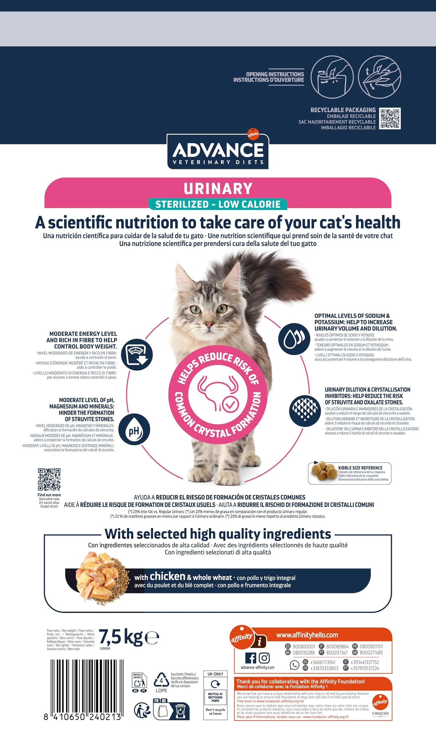 Affinity Advance Veterinary Diets Urinary Sterilized Low Calories Cat Food, 7.5kg - immagine 4