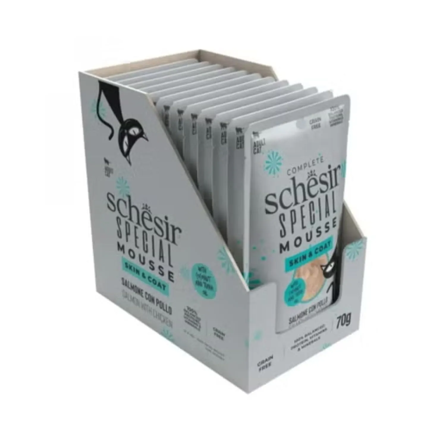 Schesir Special Skin & Coat, Filetti di Salmone con Pollo in Mousse, Alimento Umido Completo per Gatti, Grain Free, 12 x 70g - immagine 1