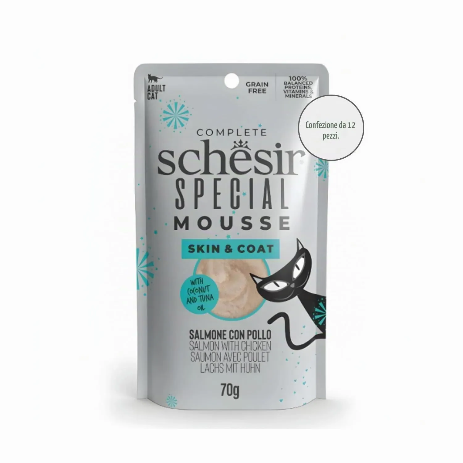 Schesir Special Skin & Coat, Filetti di Salmone con Pollo in Mousse, Alimento Umido Completo per Gatti, Grain Free, 12 x 70g - immagine 2