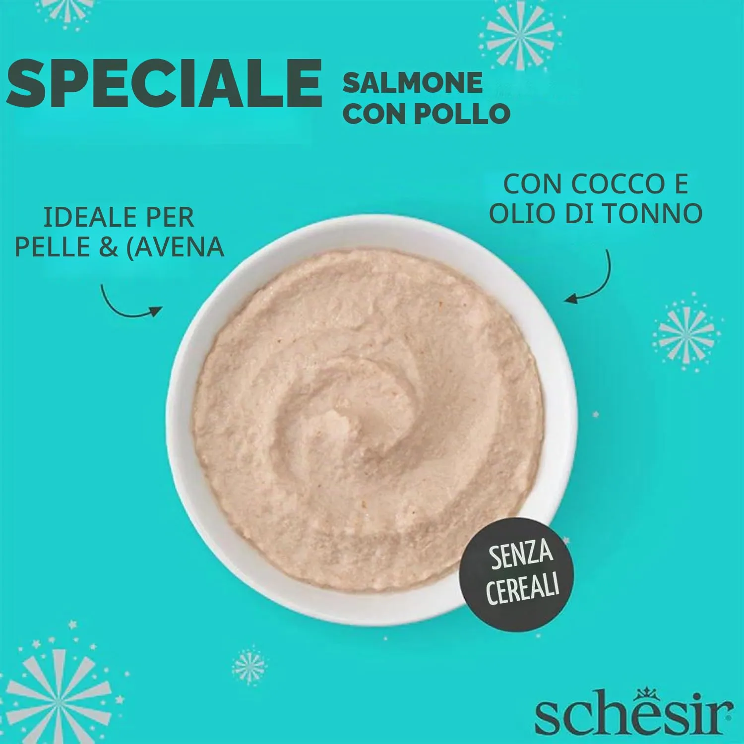 Schesir Special Skin & Coat, Filetti di Salmone con Pollo in Mousse, Alimento Umido Completo per Gatti, Grain Free, 12 x 70g - immagine 4