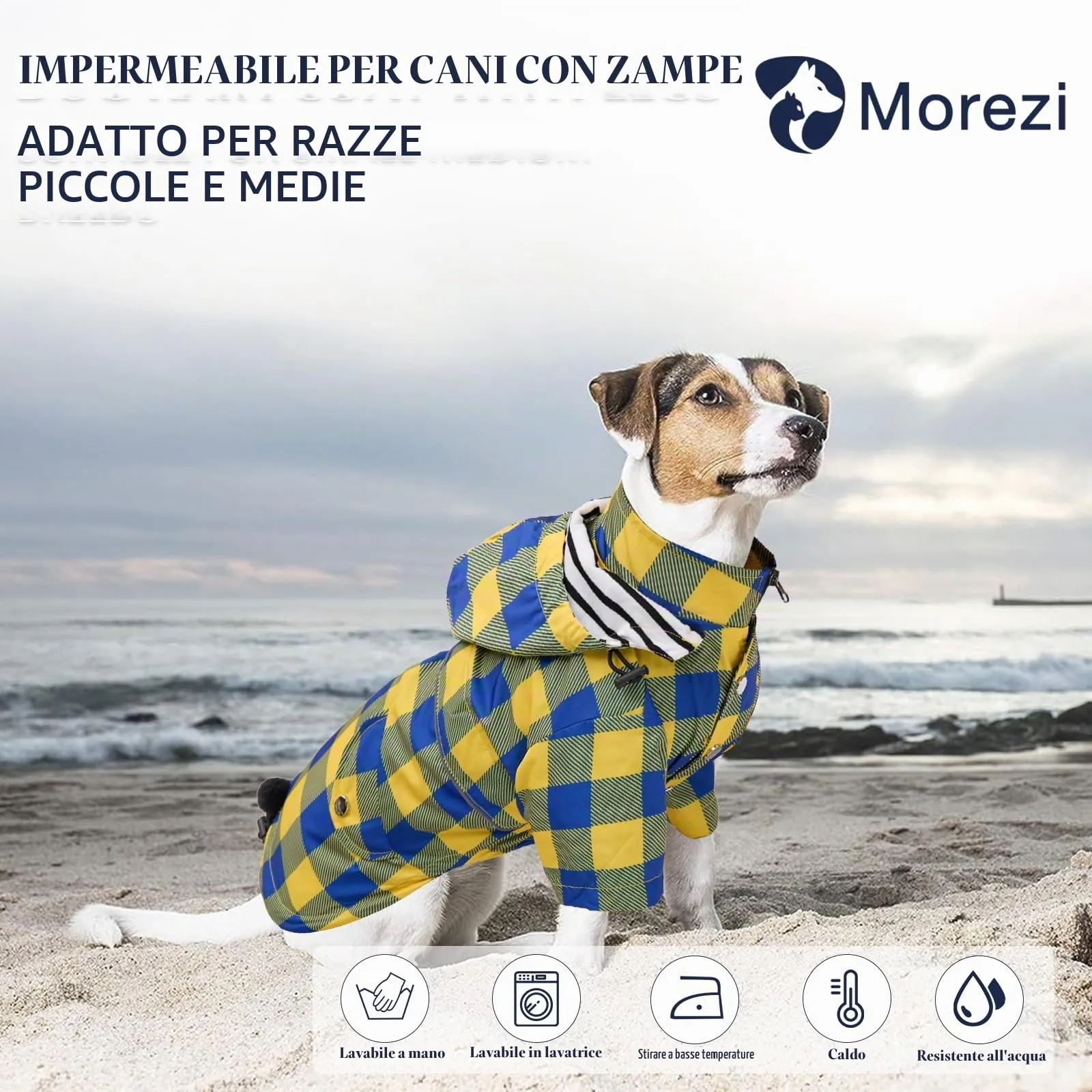 Morezi Impermeabile per cani con cappuccio staccabile, Quadretti Giallo, S - immagine 2