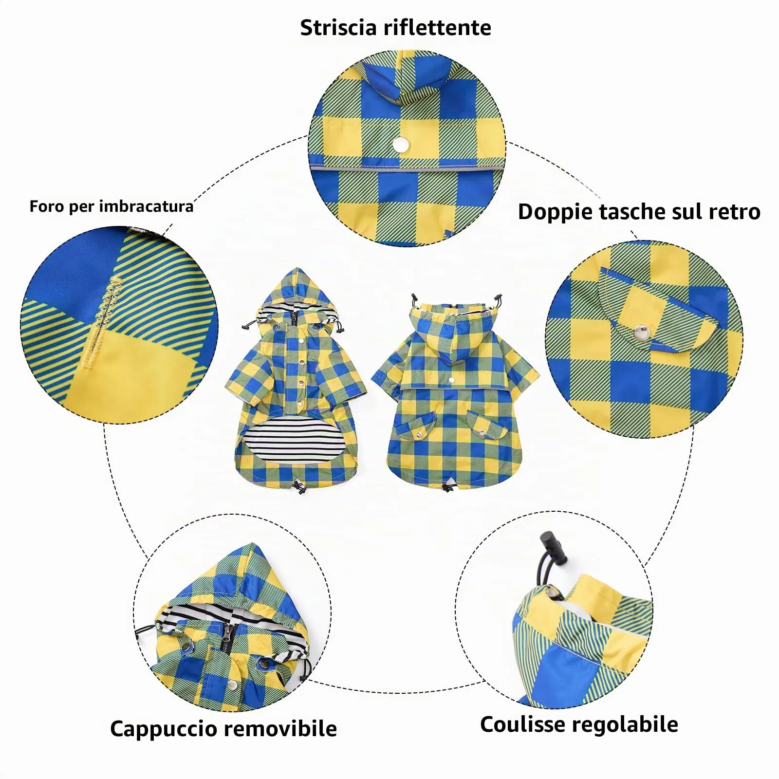 Morezi Impermeabile per cani con cappuccio staccabile, Quadretti Giallo, S - immagine 3