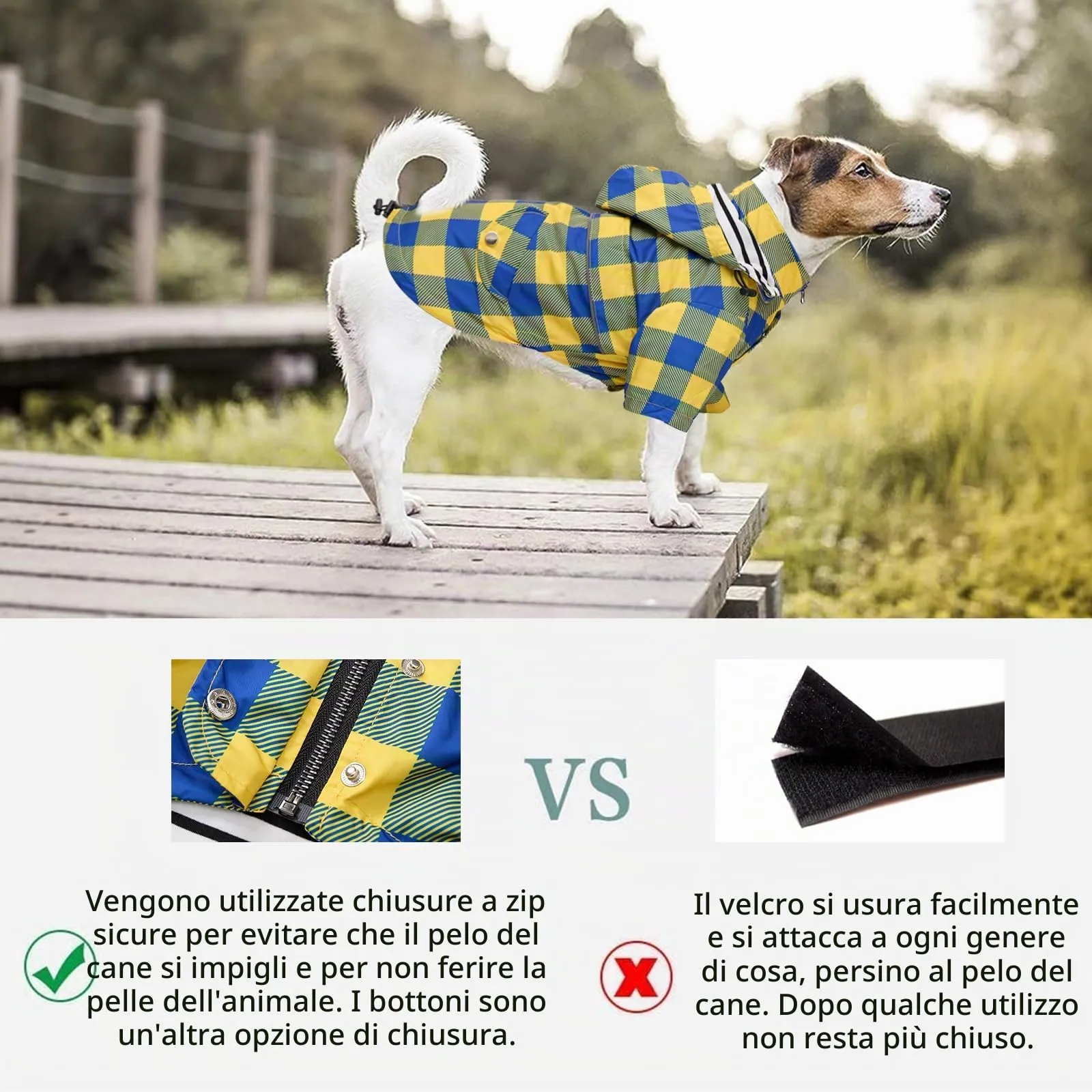 Morezi Impermeabile per cani con cappuccio staccabile, Quadretti Giallo, S - immagine 5