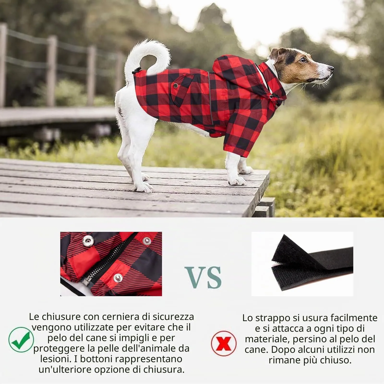 Impermeabile Morezi per cani, traspirante con cappuccio staccabile e cerniera, Quadretti Rosso, XS - immagine 5