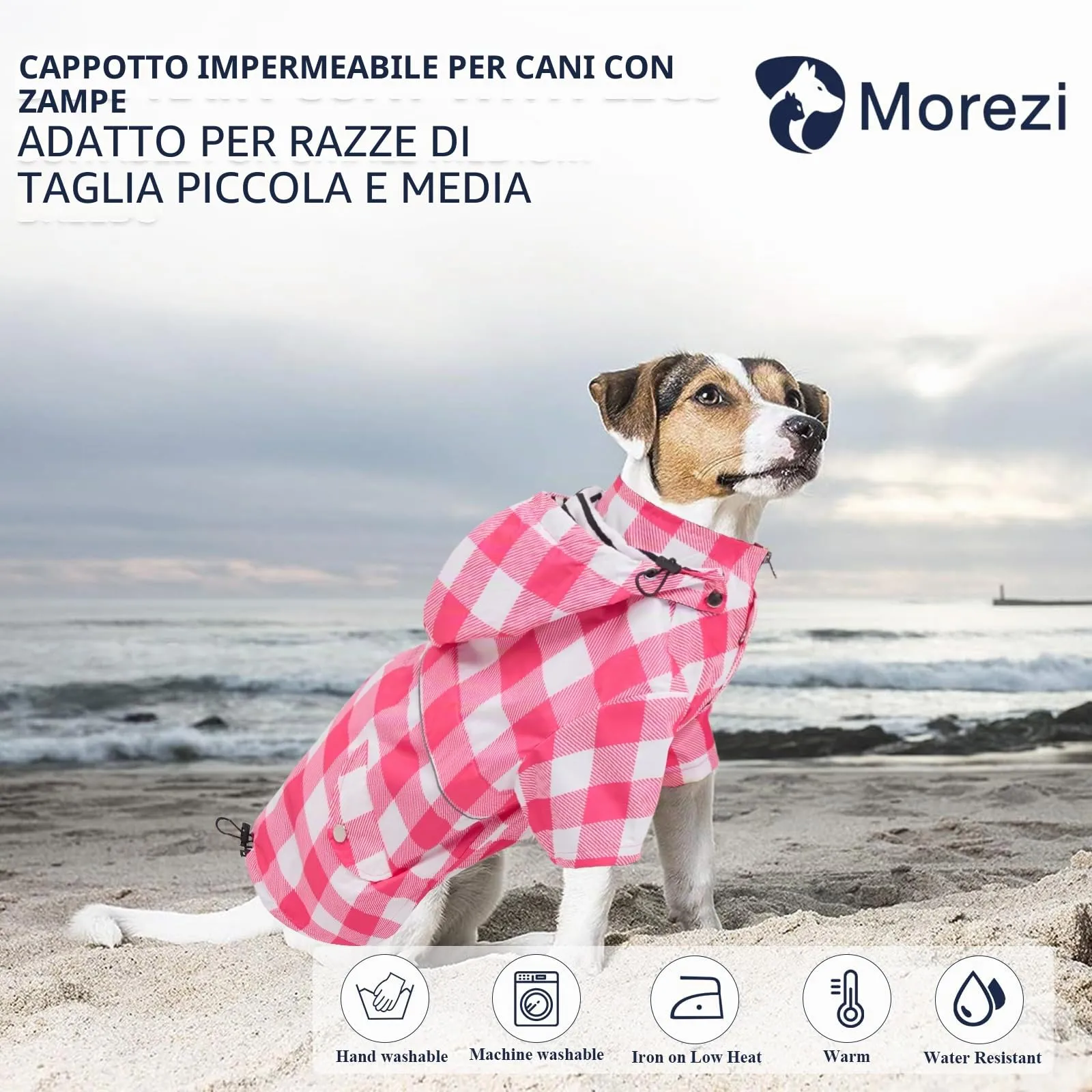 Morezi Impermeabile per Cani con Cappuccio Staccabile, Quadretti Rosa, XS - immagine 2