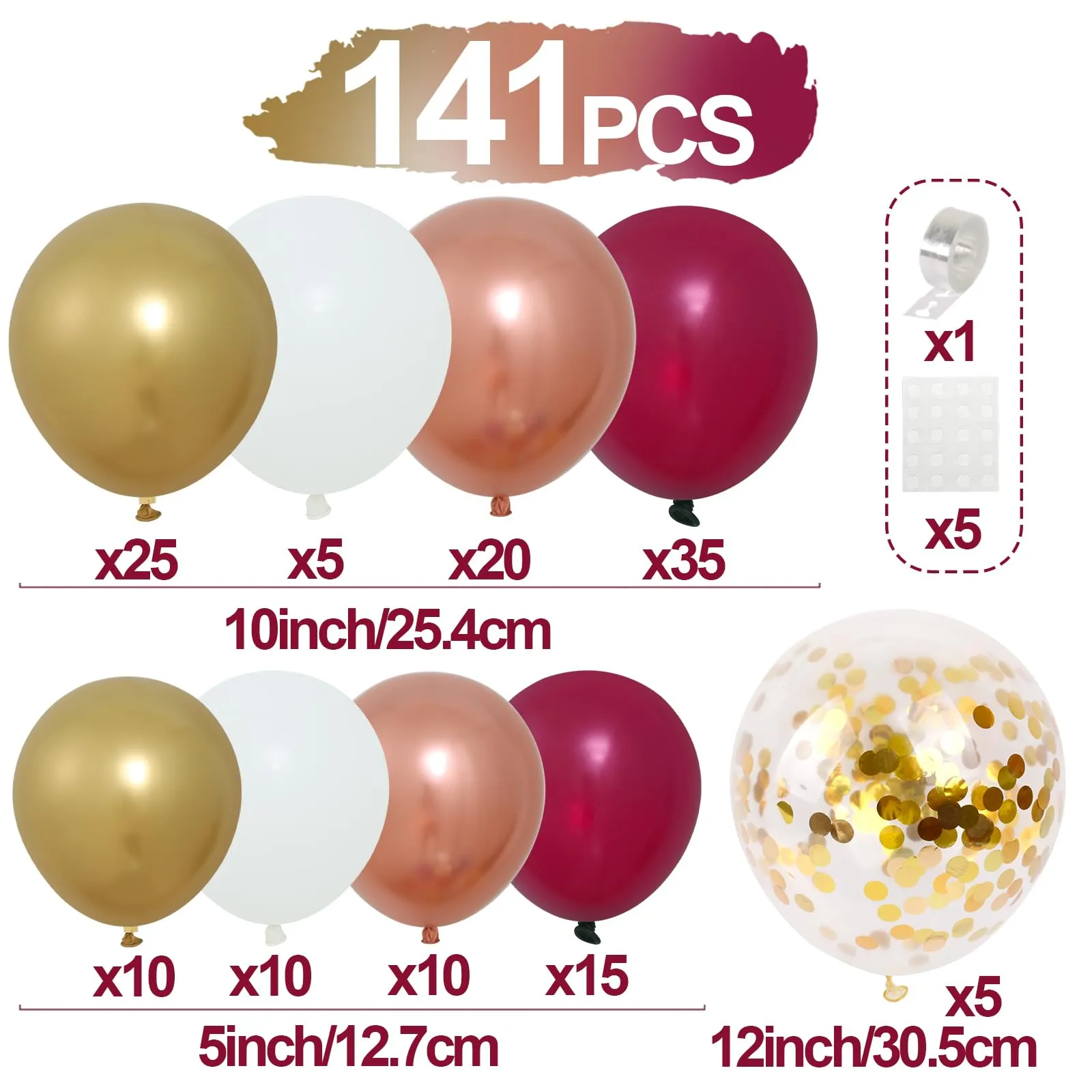 Balloon Garland Kit Arco Palloncini Bordeaux, Oro, Bianco, 137 Pezzi - immagine 2