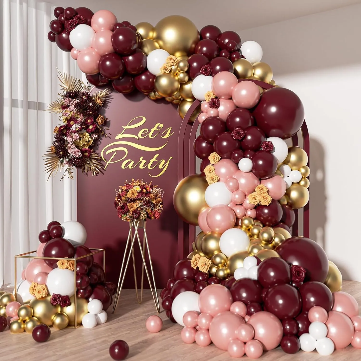 Balloon Garland Kit Arco Palloncini Bordeaux, Oro, Bianco, 137 Pezzi - immagine 3