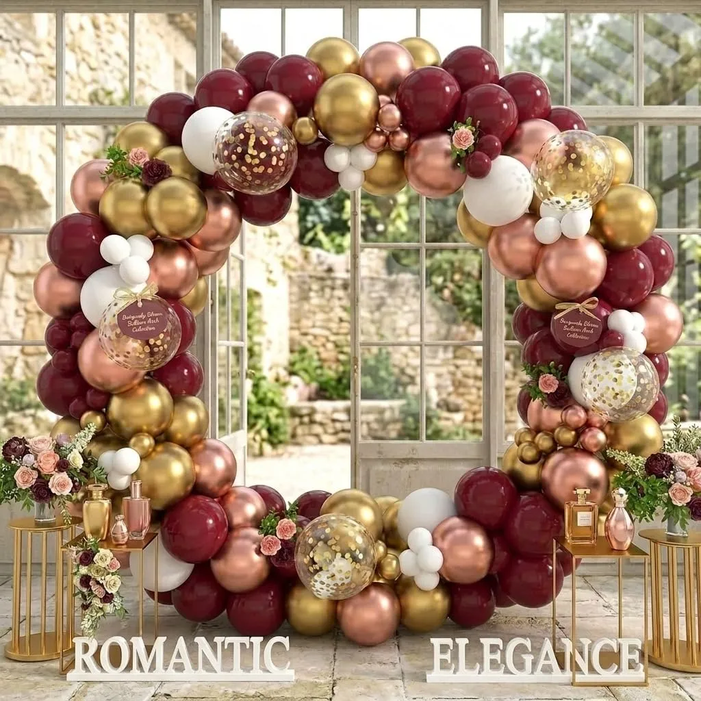 Balloon Garland Kit Arco Palloncini Bordeaux, Oro, Bianco, 137 Pezzi - immagine 5