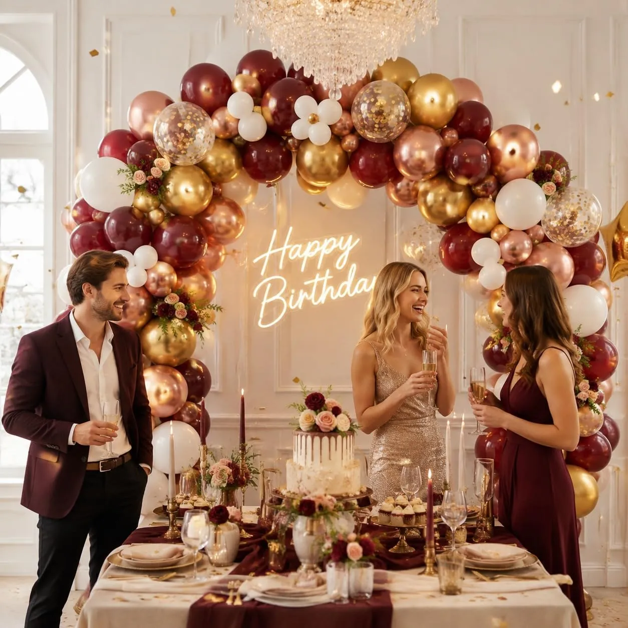 Balloon Garland Kit Arco Palloncini Bordeaux, Oro, Bianco, 137 Pezzi - immagine 6