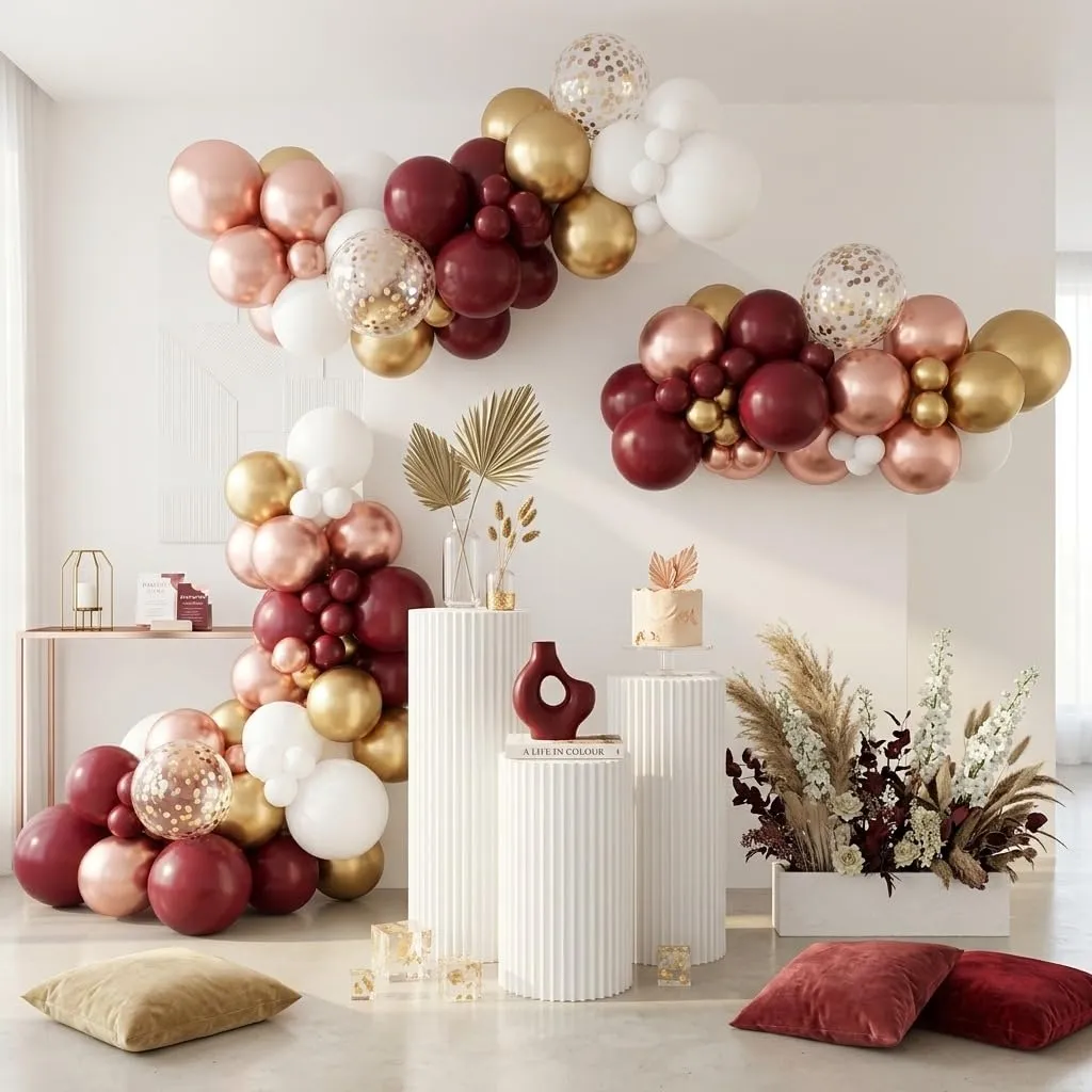 Balloon Garland Kit Arco Palloncini Bordeaux, Oro, Bianco, 137 Pezzi - immagine 9