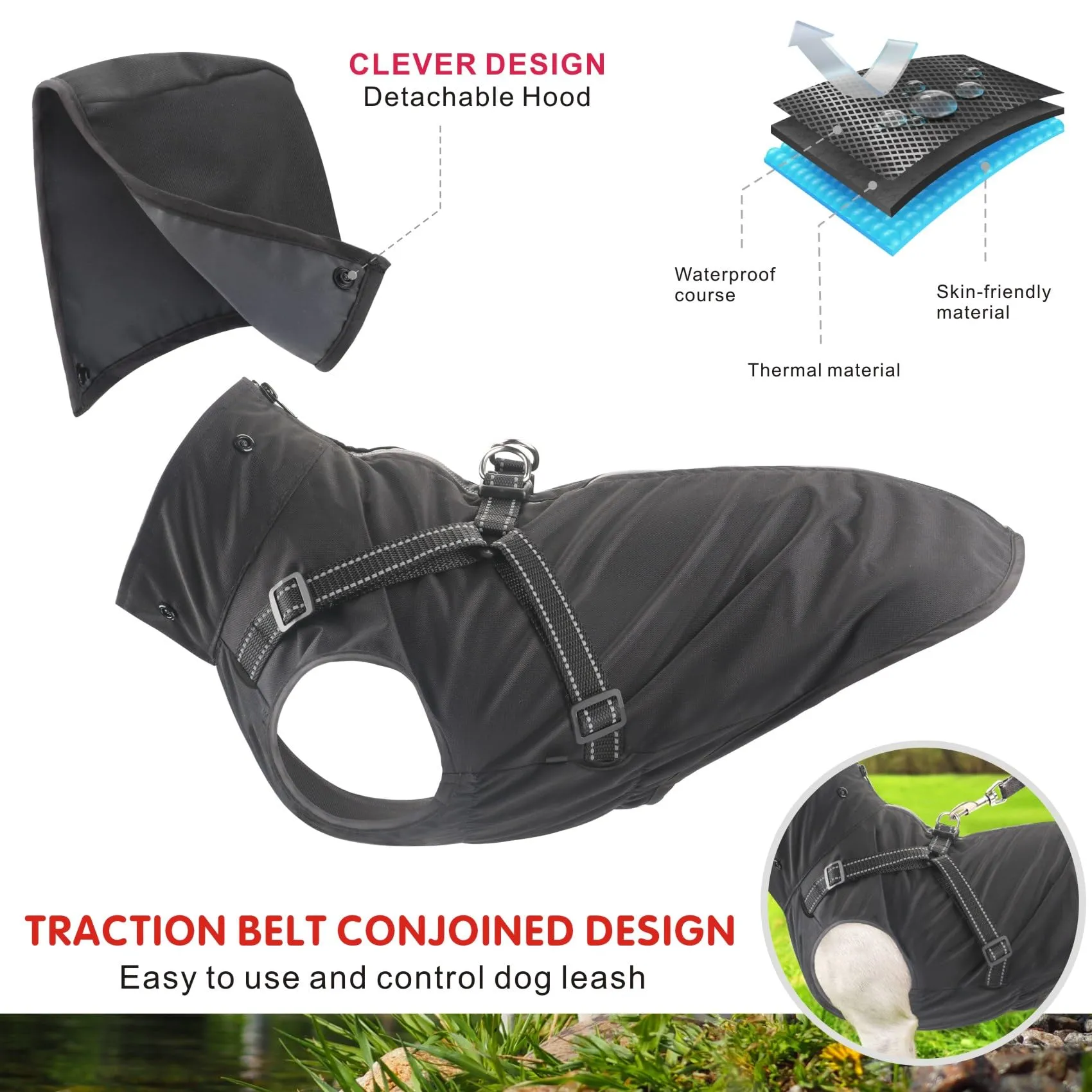 Mosucoirl Impermeabile per cani con cappuccio, Nero, Taglia L - immagine 6
