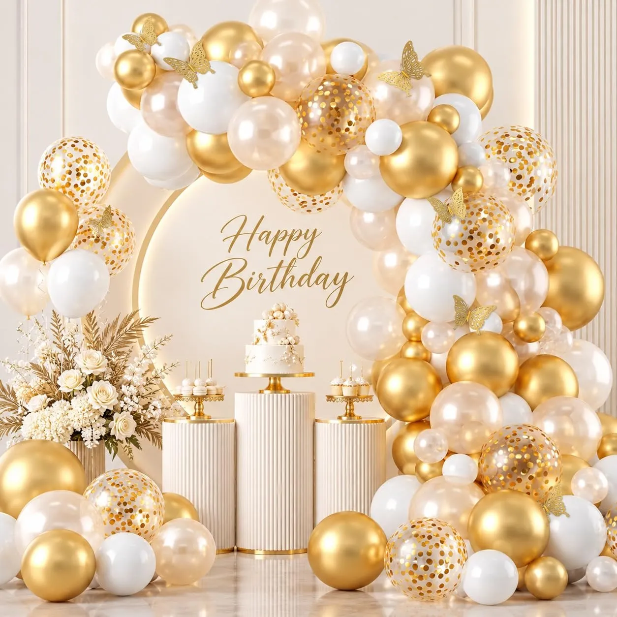 Balloon Garland Kit Arco Palloncini Oro Bianco con Adesivi Farfalla, 104 Pezzi - immagine 1