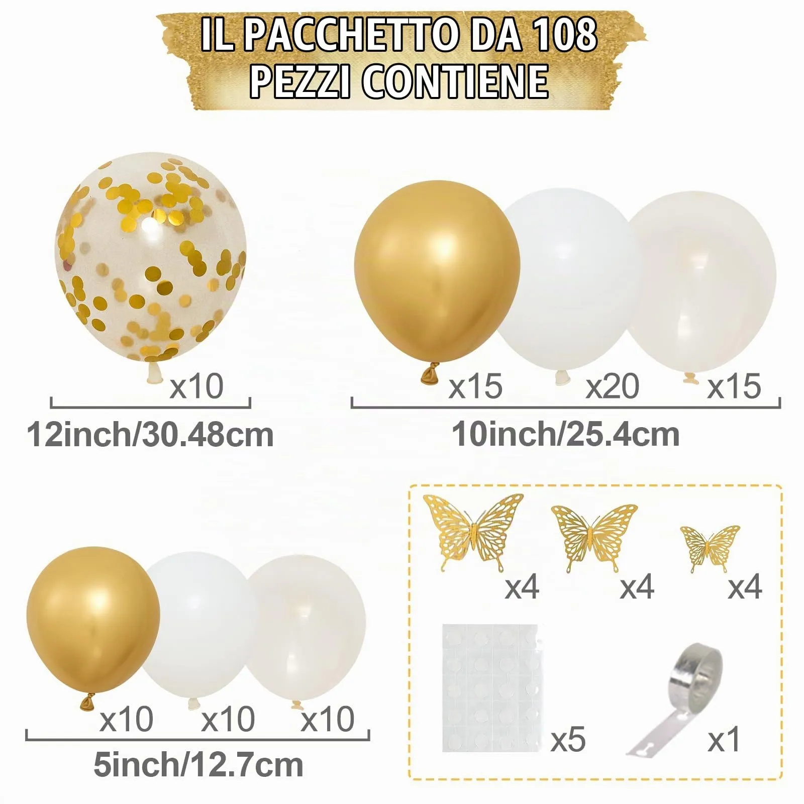 Balloon Garland Kit Arco Palloncini Oro Bianco con Adesivi Farfalla, 104 Pezzi - immagine 2