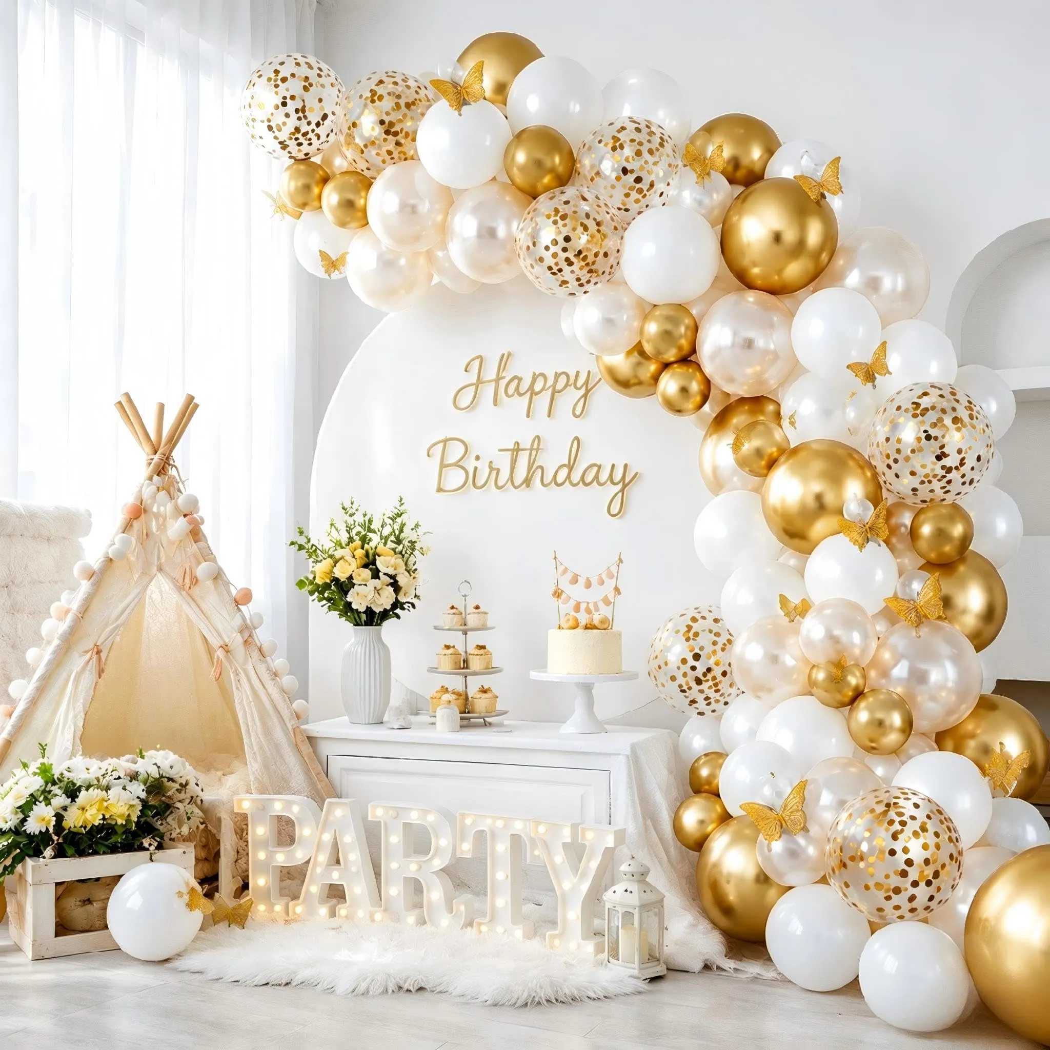 Balloon Garland Kit Arco Palloncini Oro Bianco con Adesivi Farfalla, 104 Pezzi - immagine 3