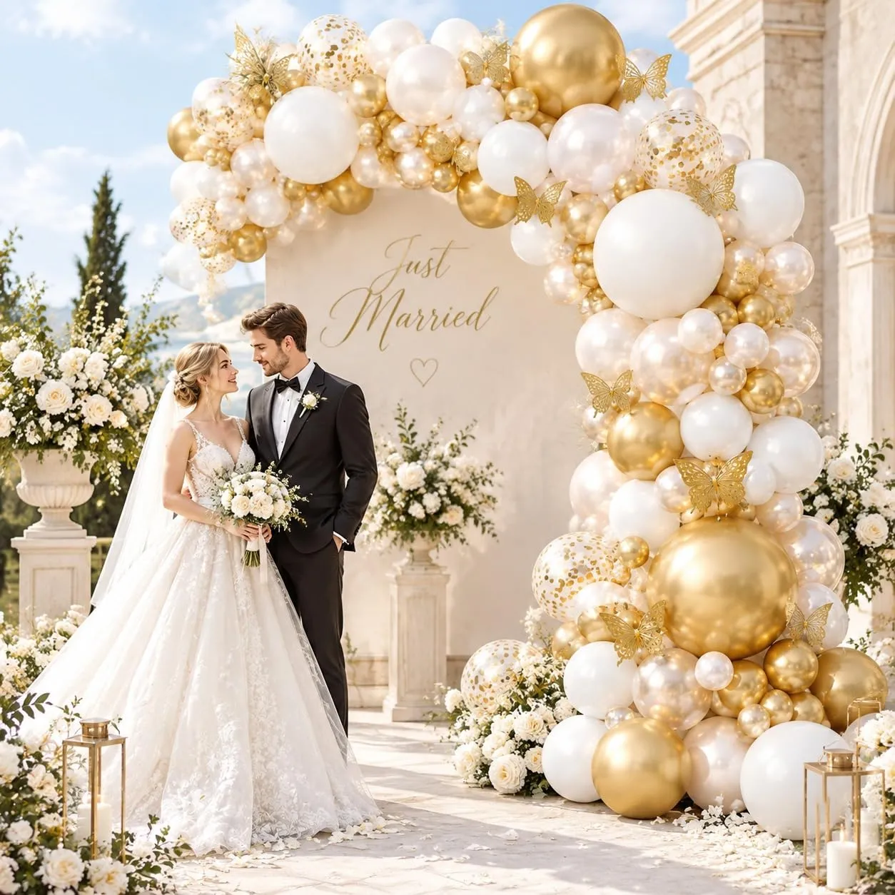 Balloon Garland Kit Arco Palloncini Oro Bianco con Adesivi Farfalla, 104 Pezzi - immagine 4