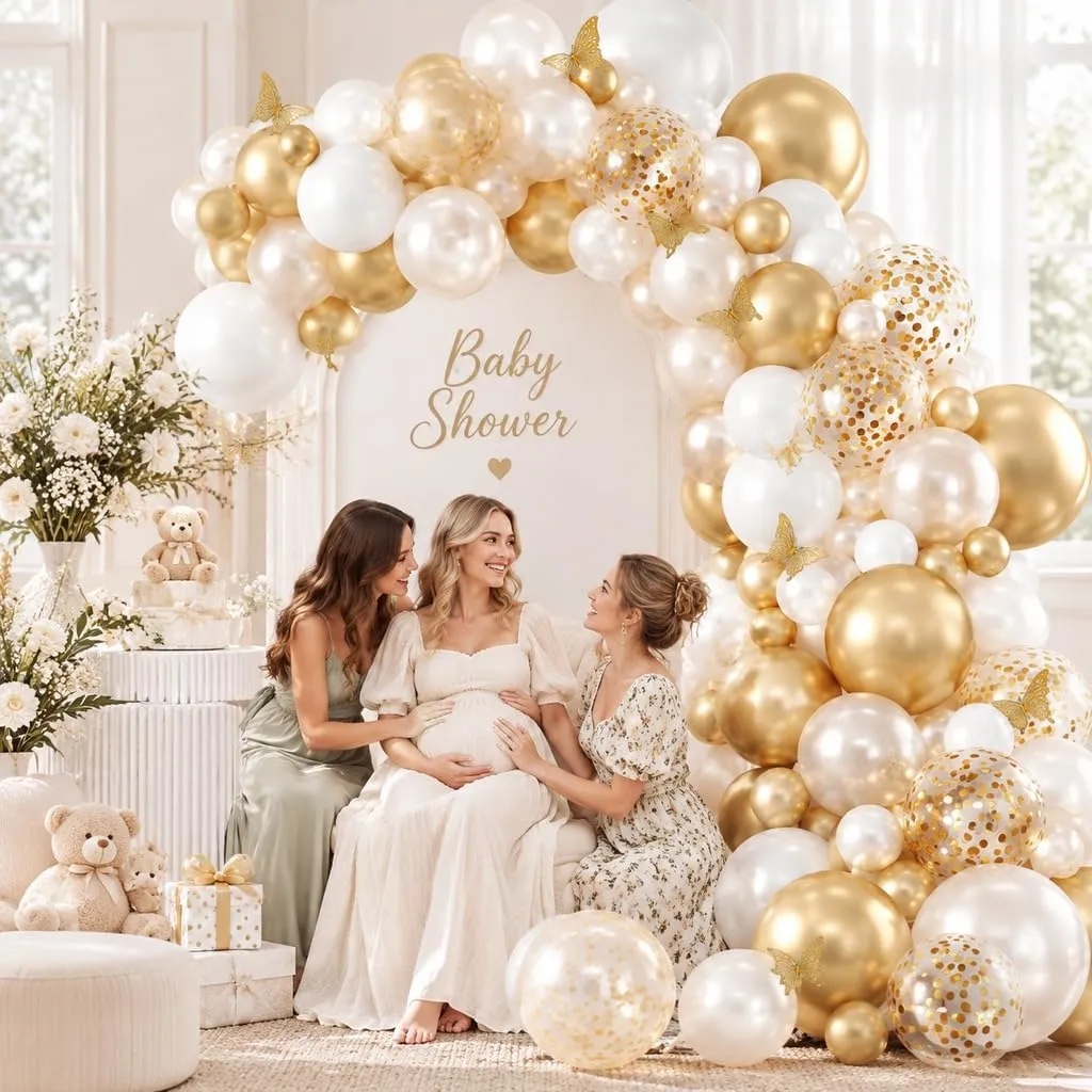 Balloon Garland Kit Arco Palloncini Oro Bianco con Adesivi Farfalla, 104 Pezzi - immagine 5