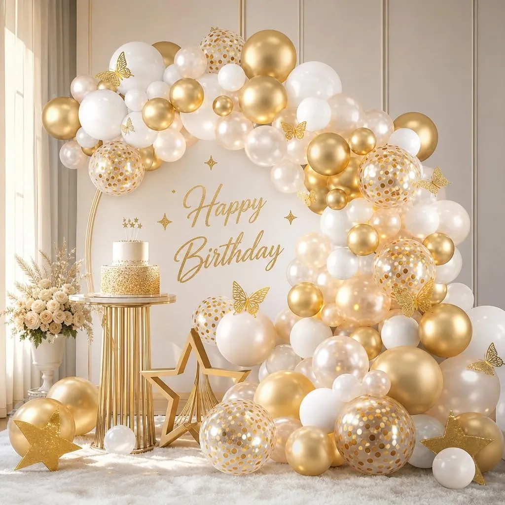 Balloon Garland Kit Arco Palloncini Oro Bianco con Adesivi Farfalla, 104 Pezzi - immagine 7