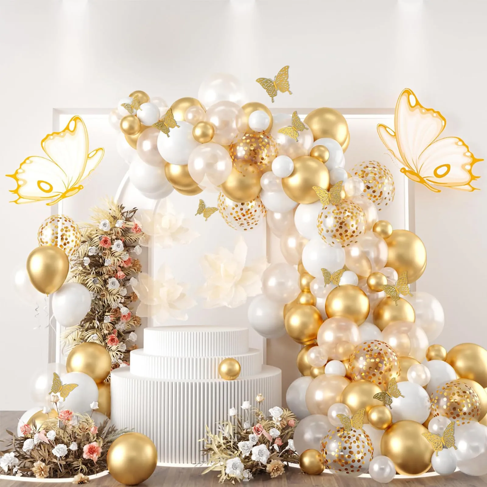 Balloon Garland Kit Arco Palloncini Oro Bianco con Adesivi Farfalla, 104 Pezzi - immagine 8