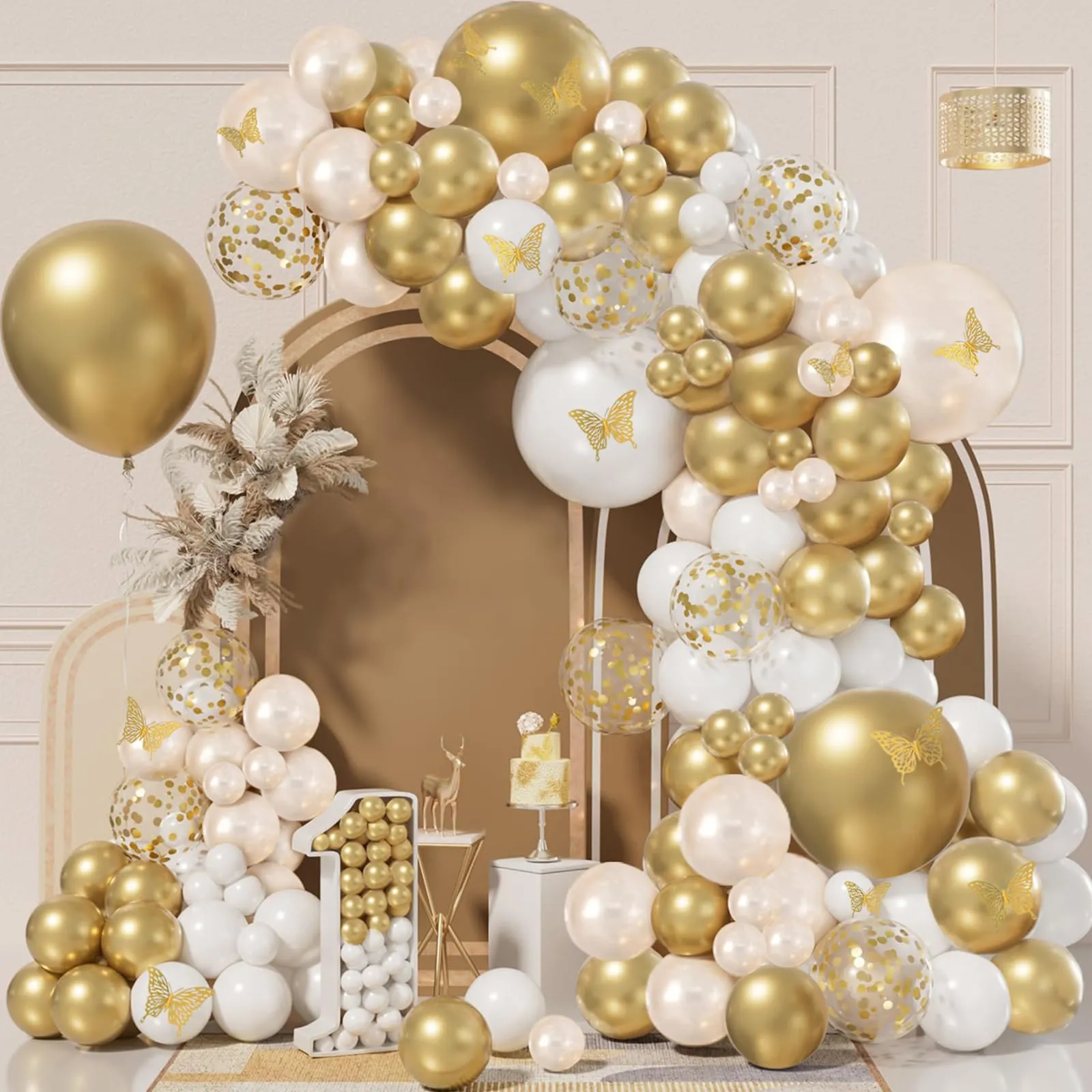 Balloon Garland Kit Arco Palloncini Oro Bianco con Adesivi Farfalla, 104 Pezzi - immagine 9