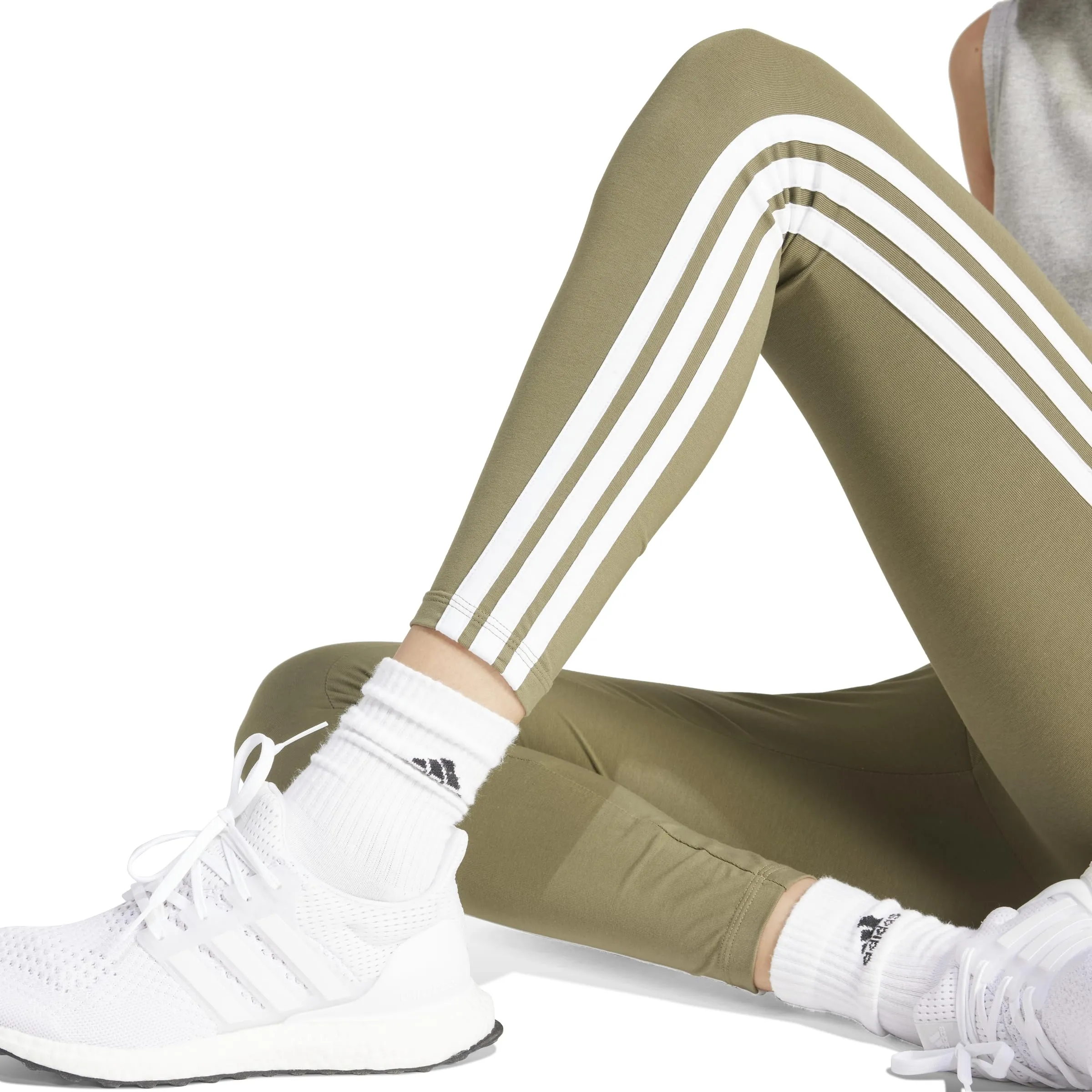Adidas Donna Essentials 3-Stripes Cotton Leggings, Olive Strata/White, XS - immagine 3