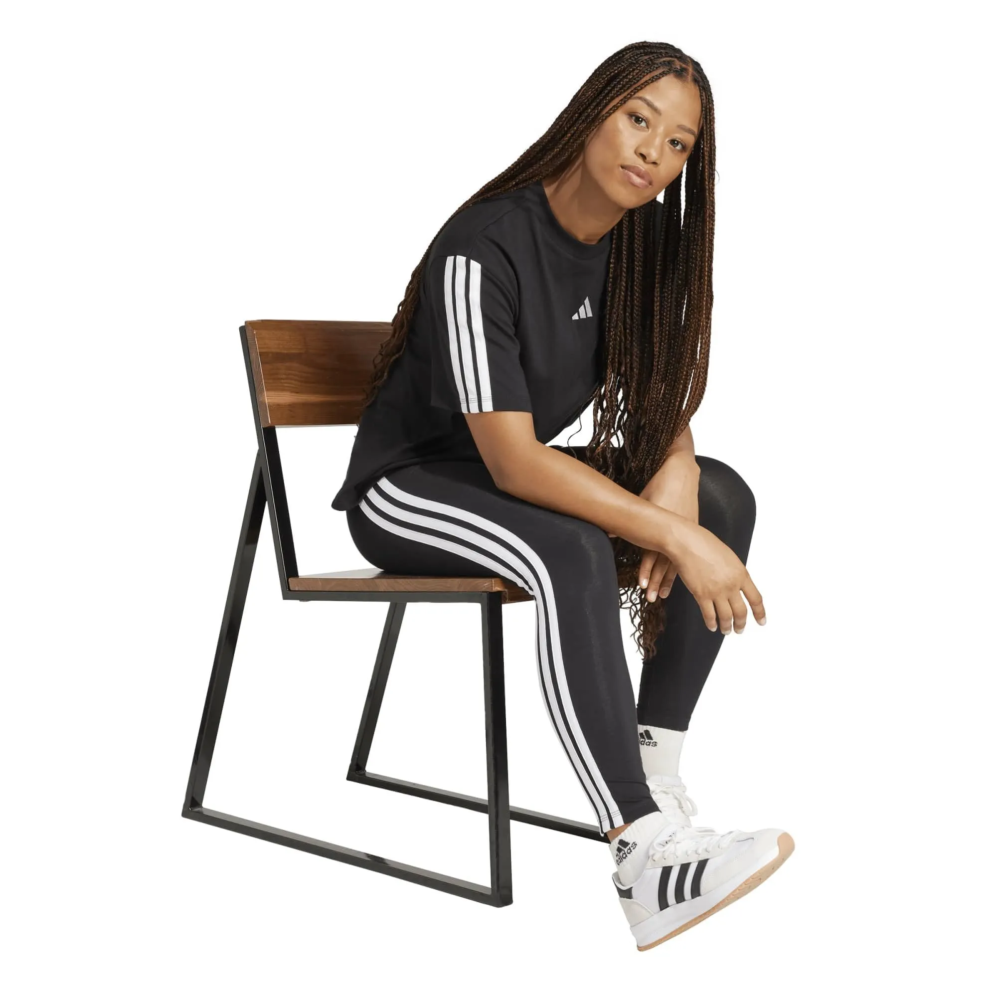 adidas Donna Essentials 3-Stripes Cotton Leggings Tights, Black/White, XS - immagine 4