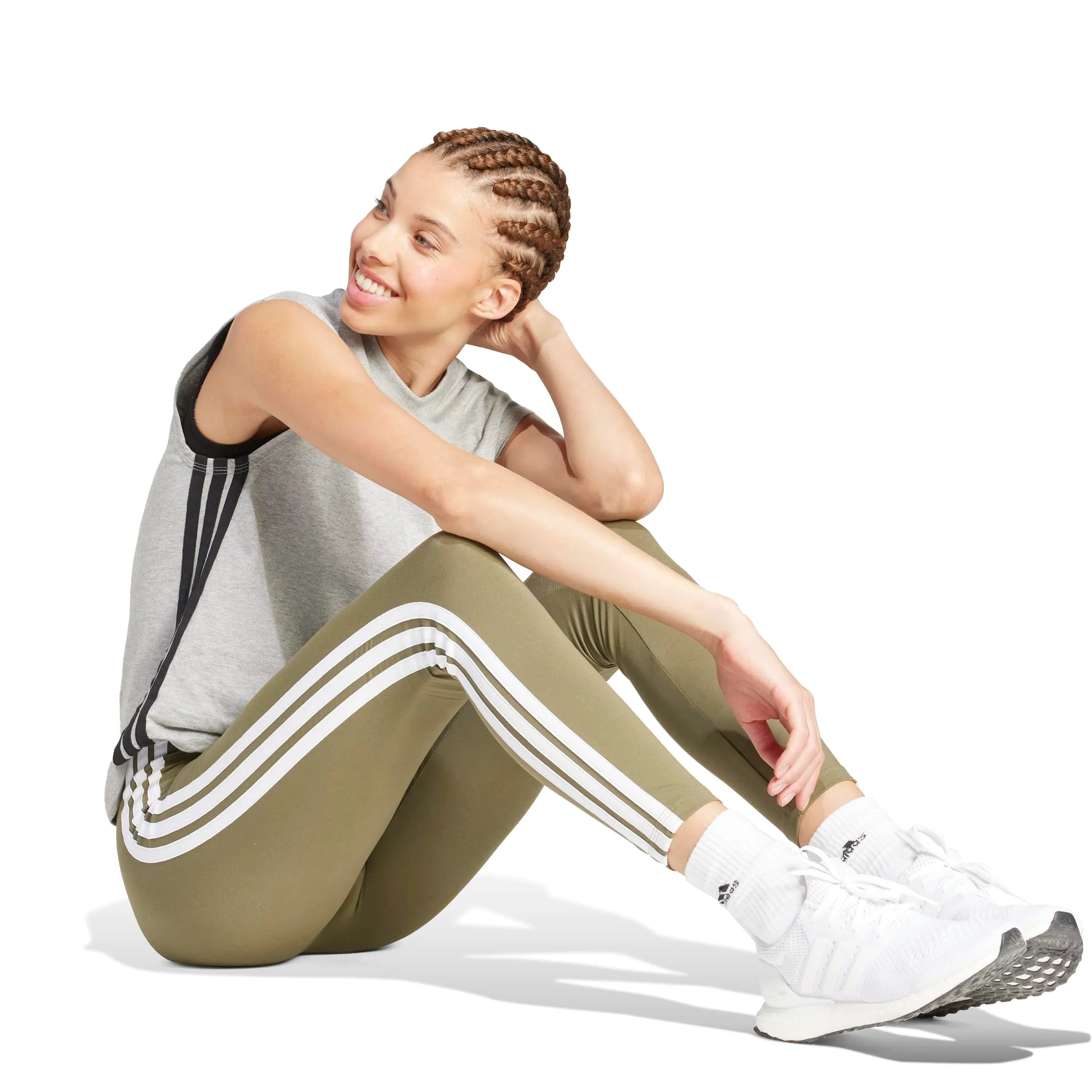 Adidas Donna Essentials 3-Stripes Cotton Leggings, Olive Strata/White, S - immagine 4