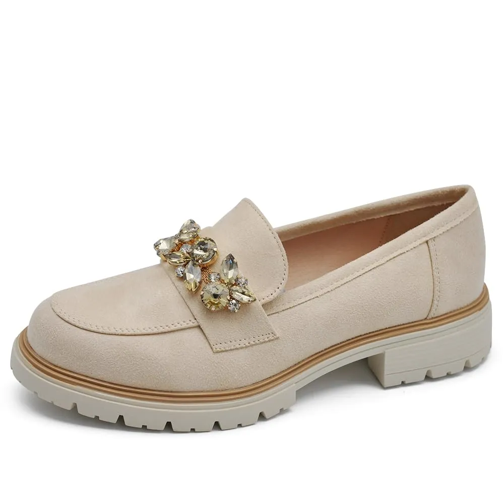IF Mocassini Slip On Loafers Donna con Strass in Camoscio YL216 Beige 39 - immagine 1