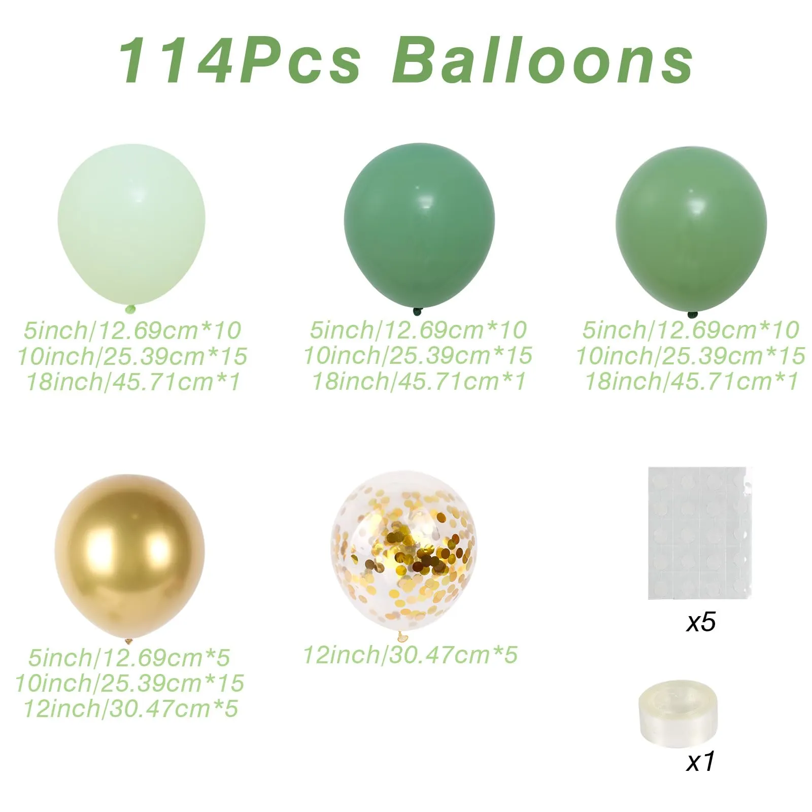 Balloon Garland Kit Arco Palloncini Verde Salvia e Oro, 110 Pezzi con Palloncini Coriandoli, 5-10-18 Pollici - immagine 2