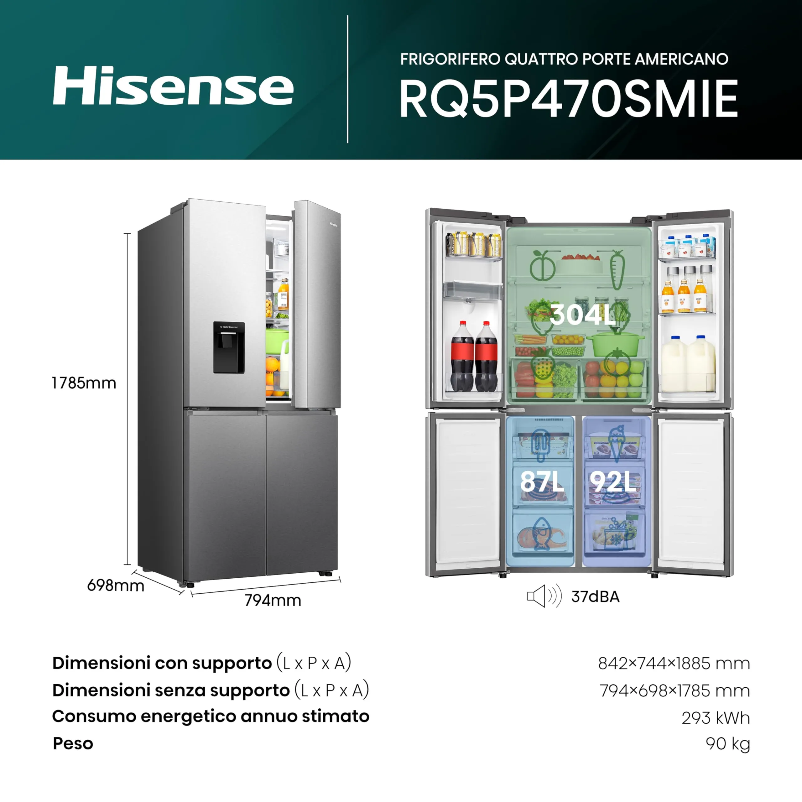 Hisense RQ5P470SMIE Frigorifero Americano Quattro Porte Total No Frost Inox - immagine 2