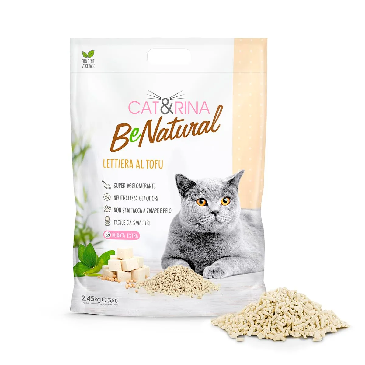 Cat&Rina BeNatural Lettiera per Gatti al Tofu Agglomerante e Vegetale Classica, 5,5l, 6 pezzi - immagine 2