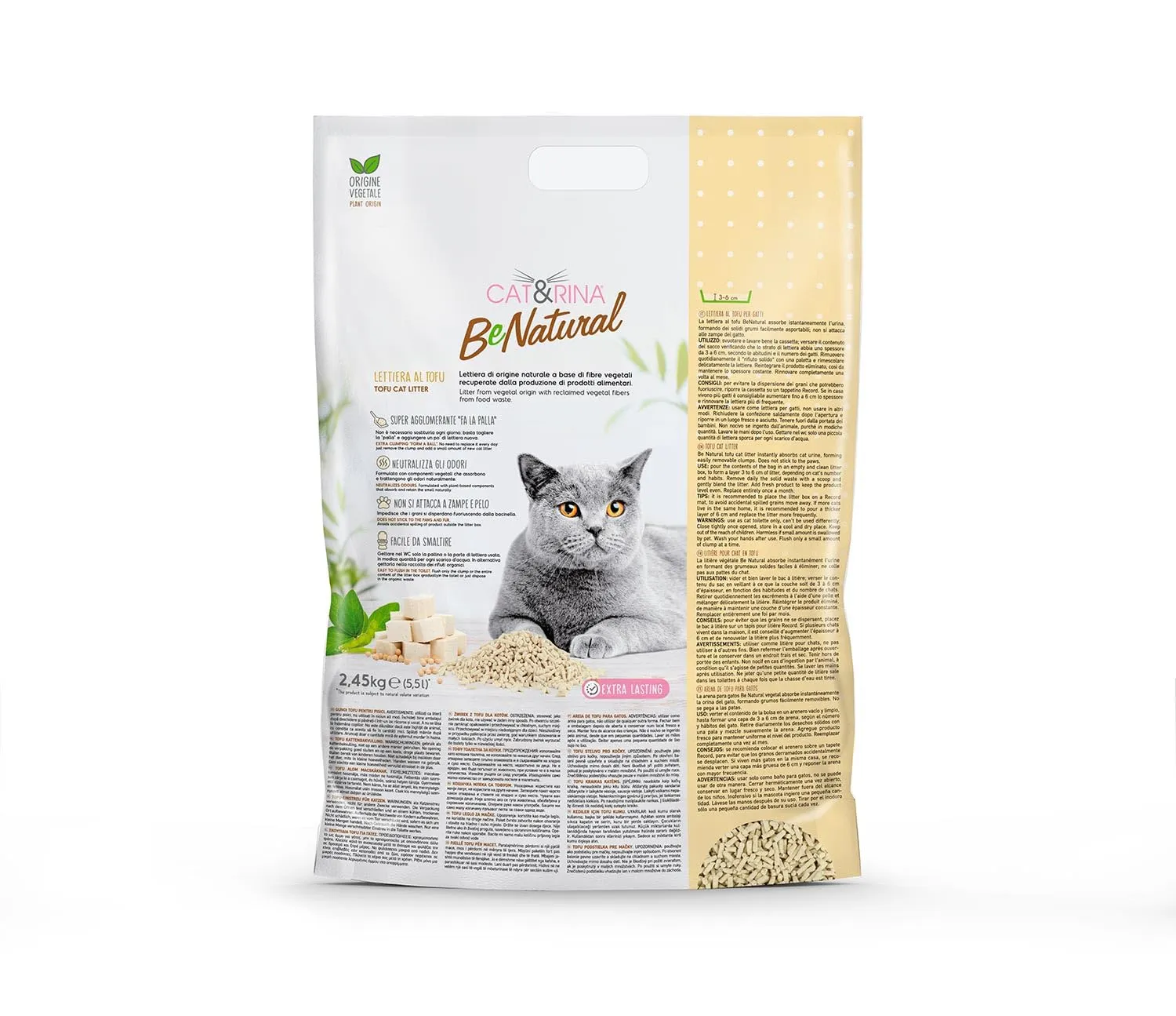 Cat&Rina BeNatural Lettiera per Gatti al Tofu Agglomerante e Vegetale Classica, 5,5l, 6 pezzi - immagine 3