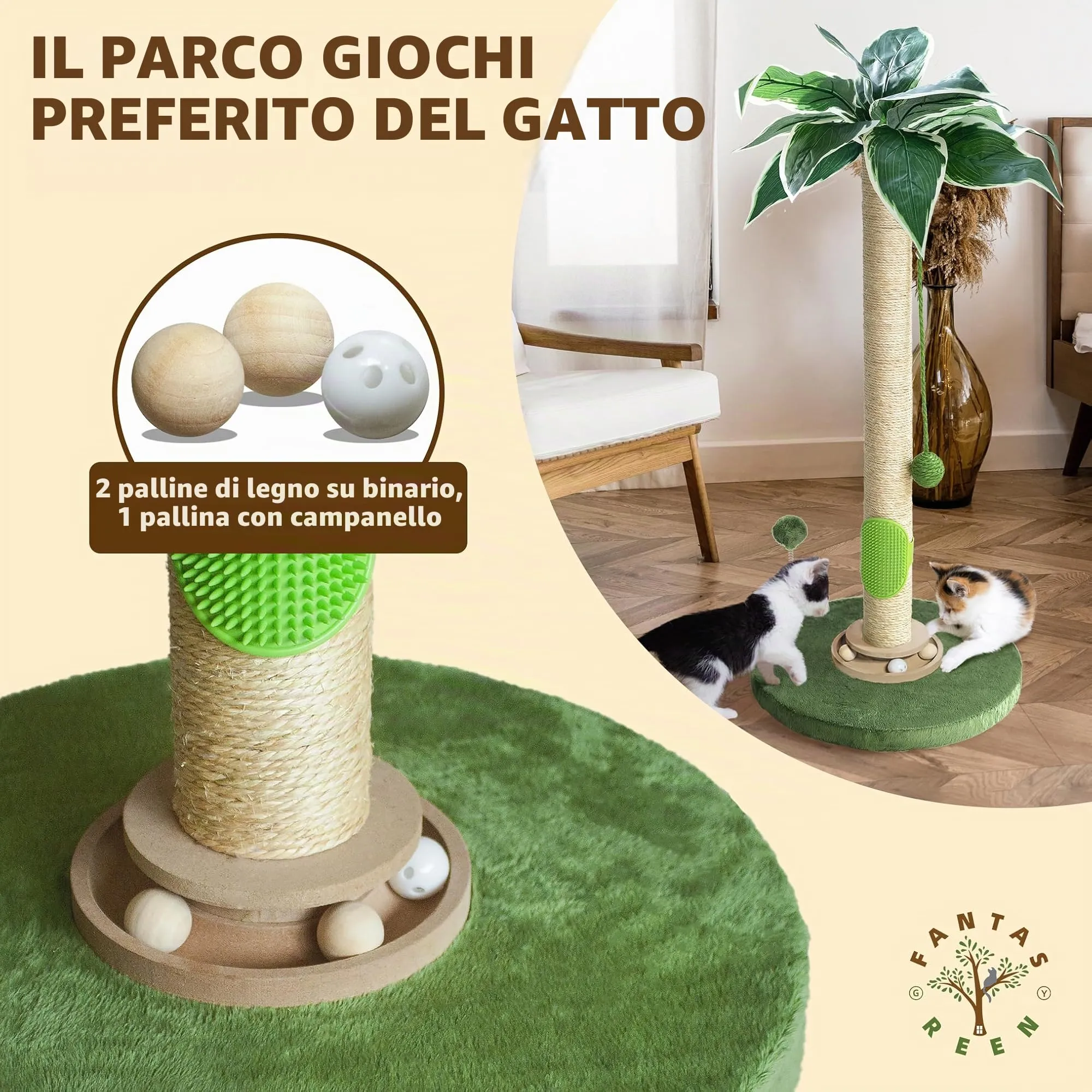 Fantasreen Tiragraffi per Gatti 88cm con Pista e Giocattoli - immagine 4
