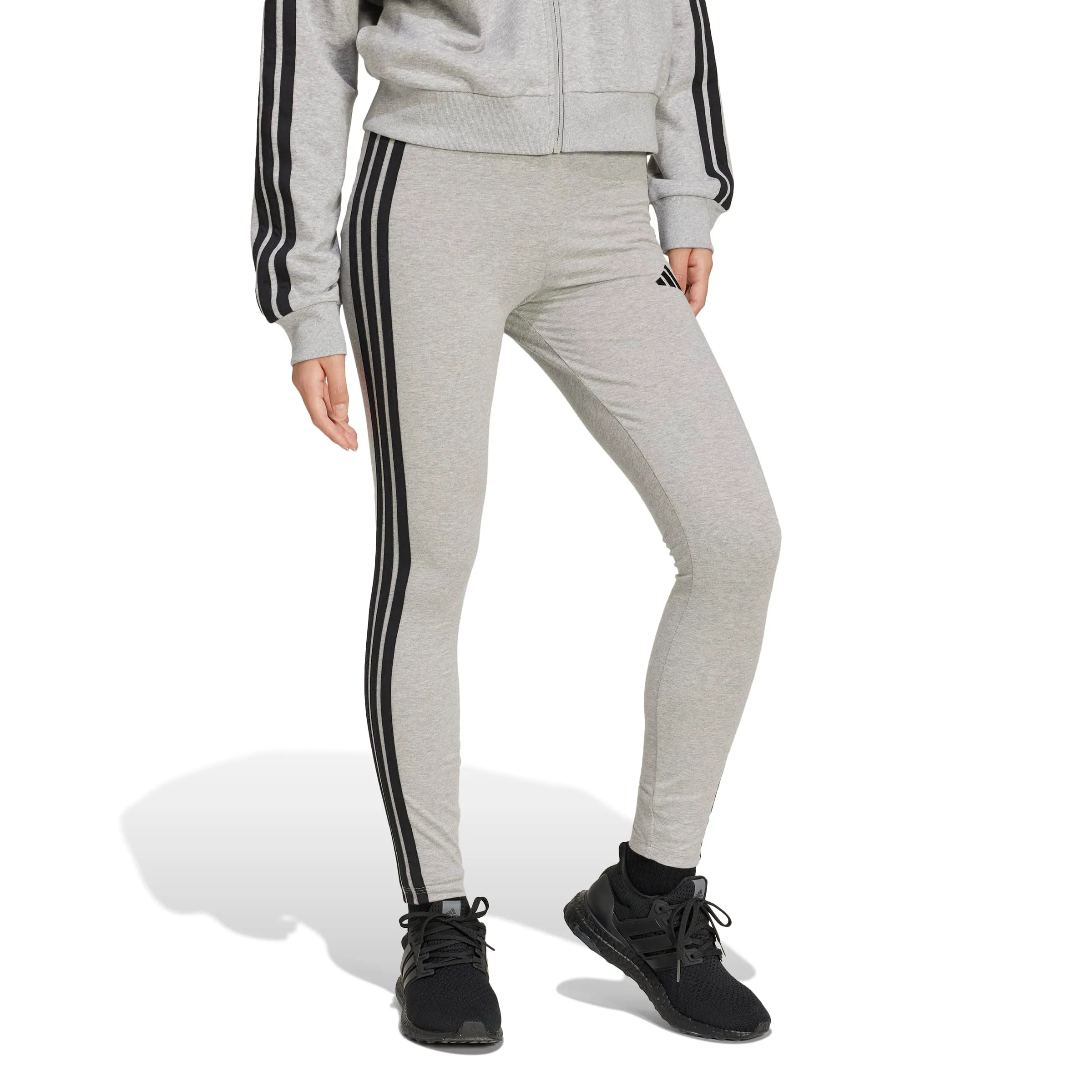 Adidas Essentials Leggings in Cotone con 3 Strisce, Grigio Medio Melange/Nero, XXL - immagine 2
