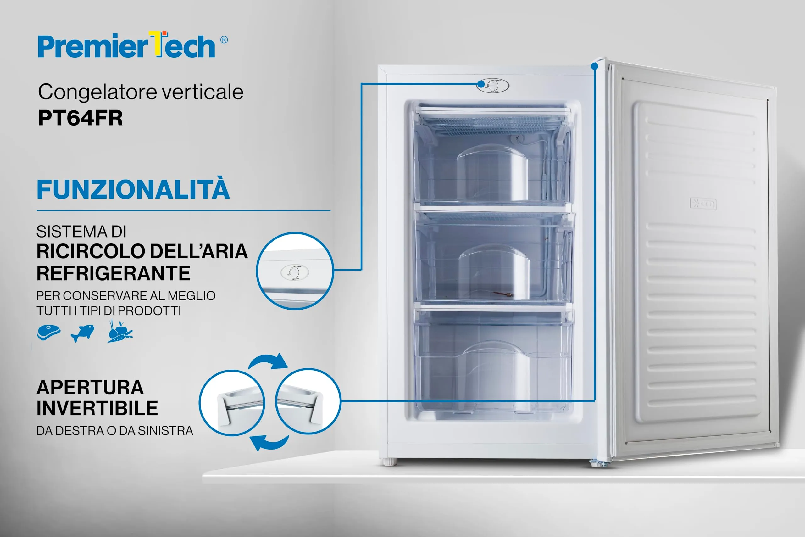 PremierTech Congelatore Verticale 64 Litri Bianco 3 Cassetti PT64FR - immagine 7