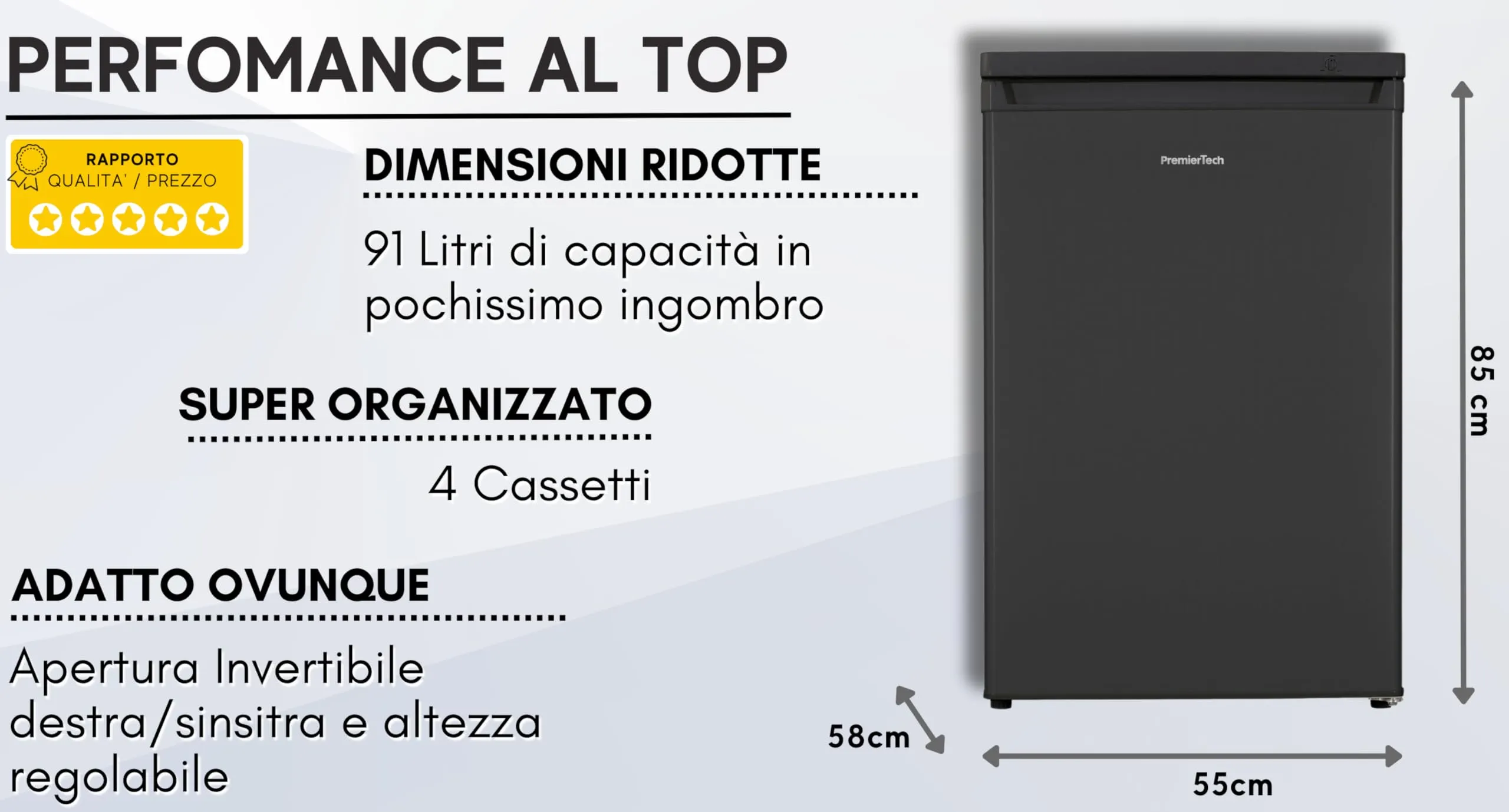 PremierTech Congelatore Verticale 91 Litri Nero 4 Cassetti PT91FRB - immagine 8