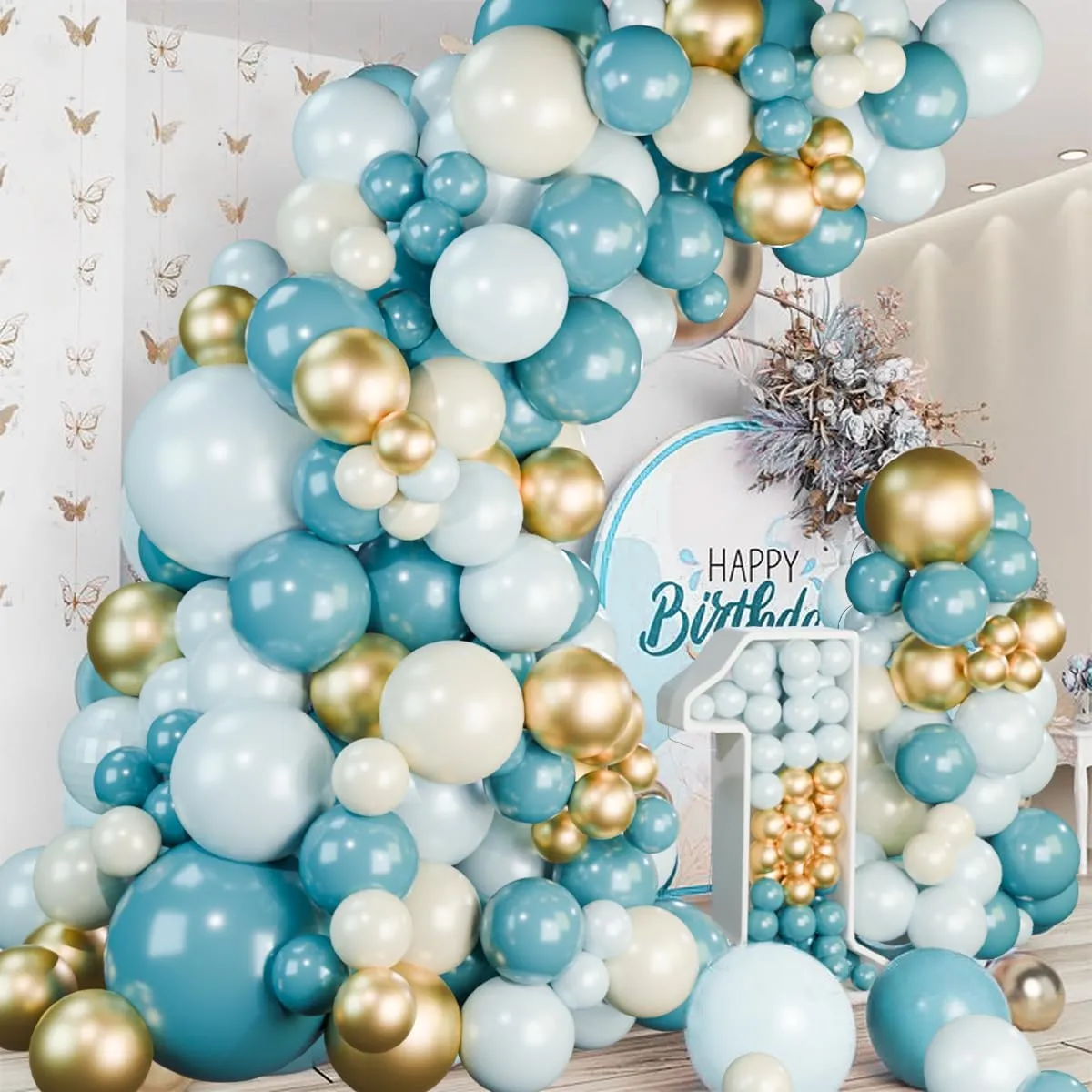 Balloon Garland Kit Arco Palloncini Blu Polveroso, Bianco, Sabbia e Oro - 109 Pezzi - immagine 3