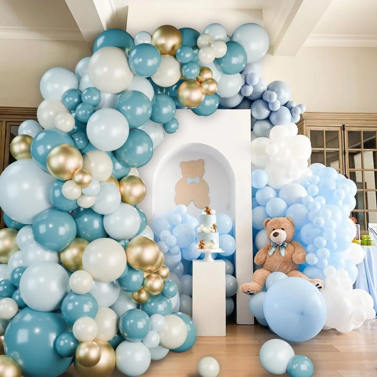 Balloon Garland Kit Arco Palloncini Blu Polveroso, Bianco, Sabbia e Oro - 109 Pezzi - immagine 4