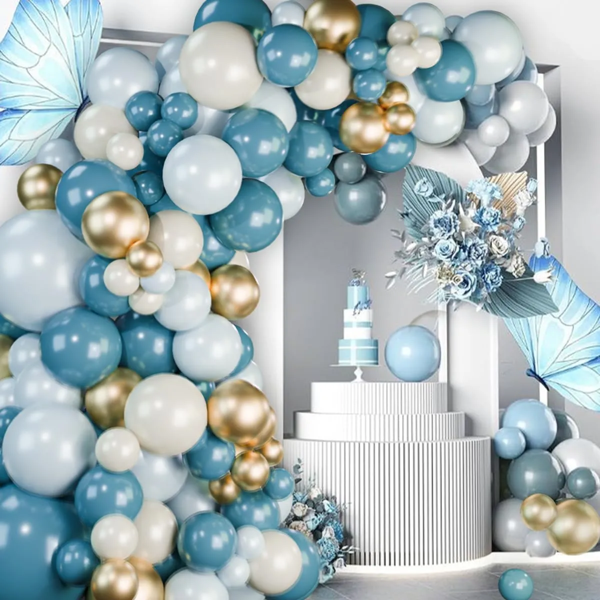 Balloon Garland Kit Arco Palloncini Blu Polveroso, Bianco, Sabbia e Oro - 109 Pezzi - immagine 5