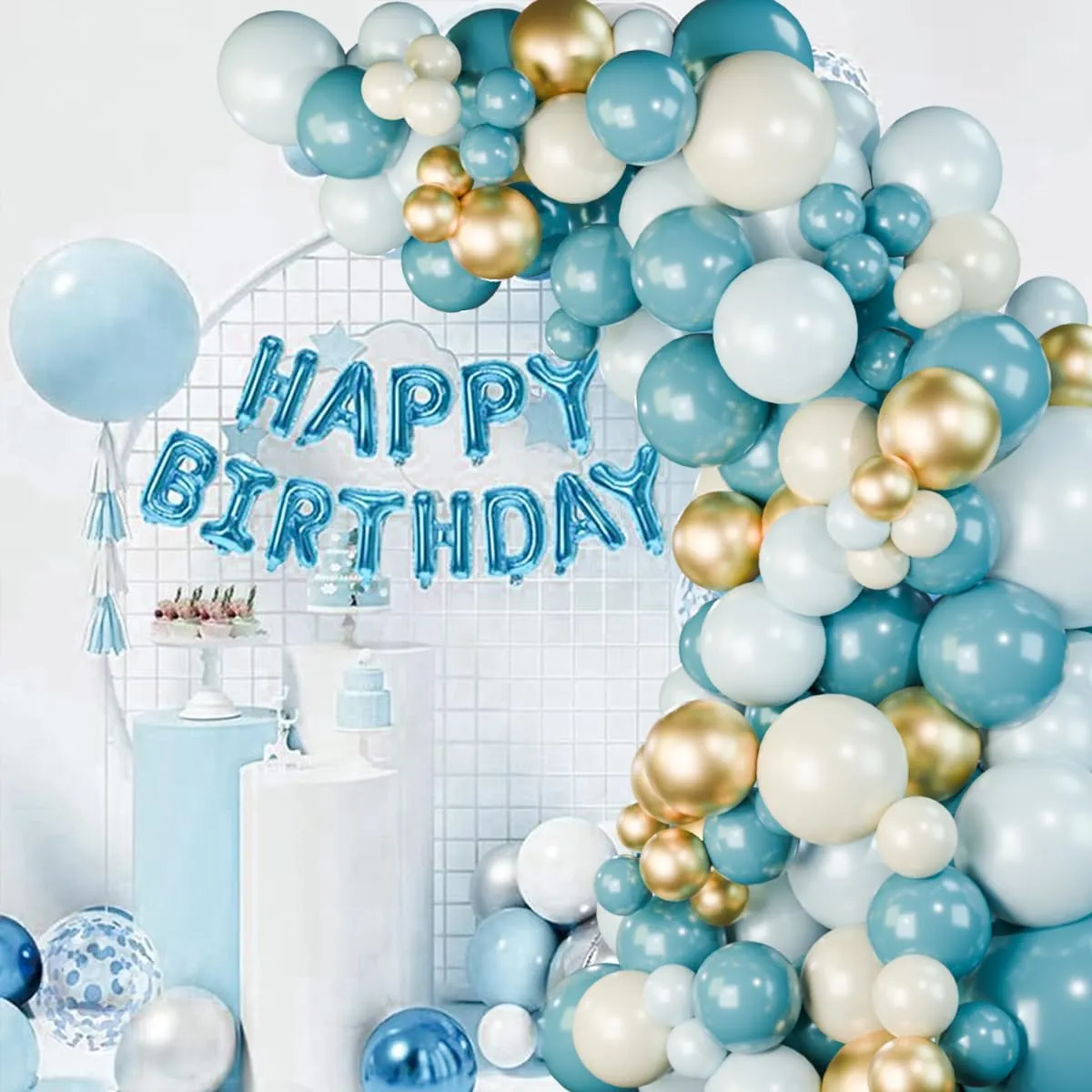 Balloon Garland Kit Arco Palloncini Blu Polveroso, Bianco, Sabbia e Oro - 109 Pezzi - immagine 7