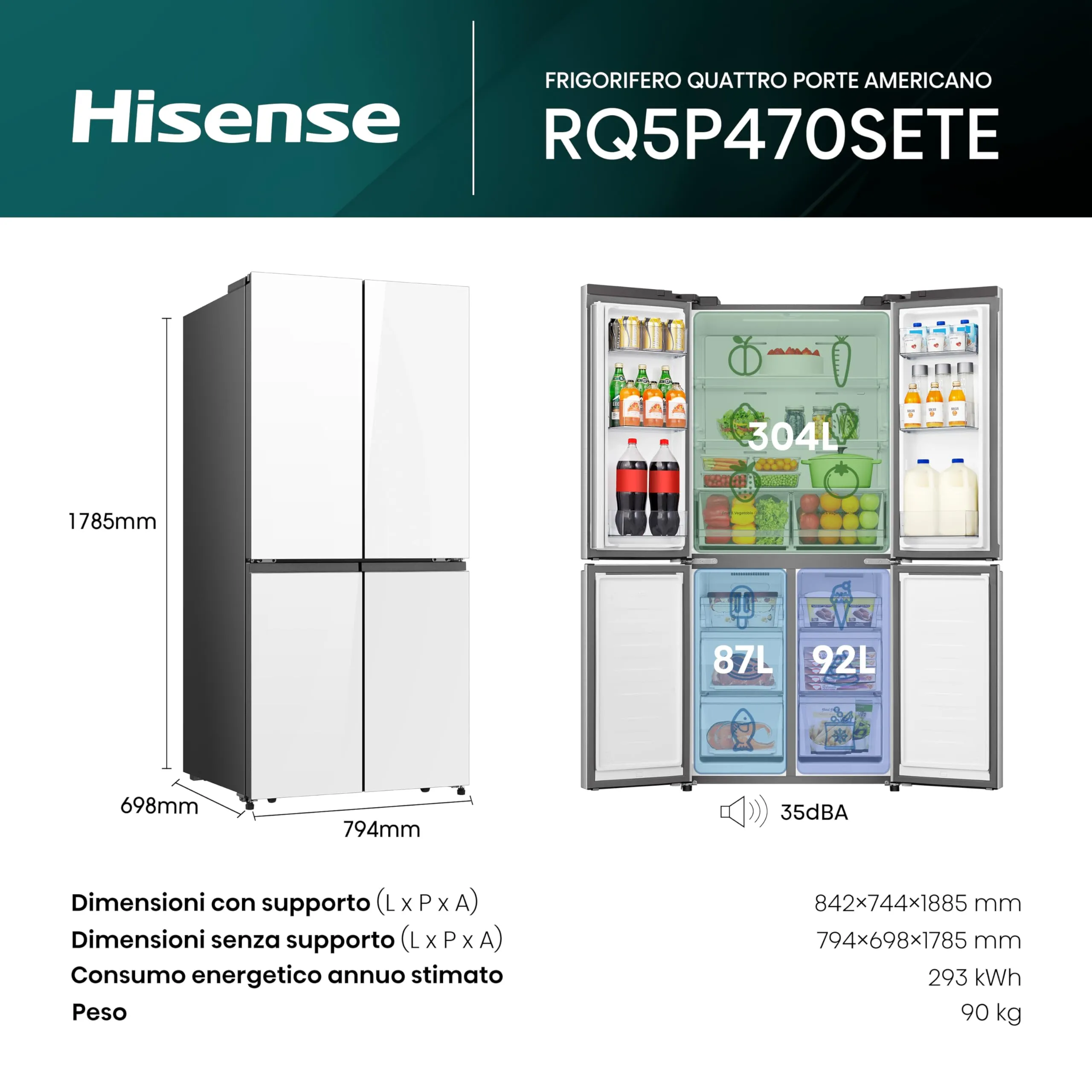 Hisense RQ5P470SETE Frigorifero Americano Quattro Porte Classe E Vetro Bianco Total No Frost WiFi Metal Cooling Zona Convertibile Dispenser Acqua Motore Inverter - immagine 2