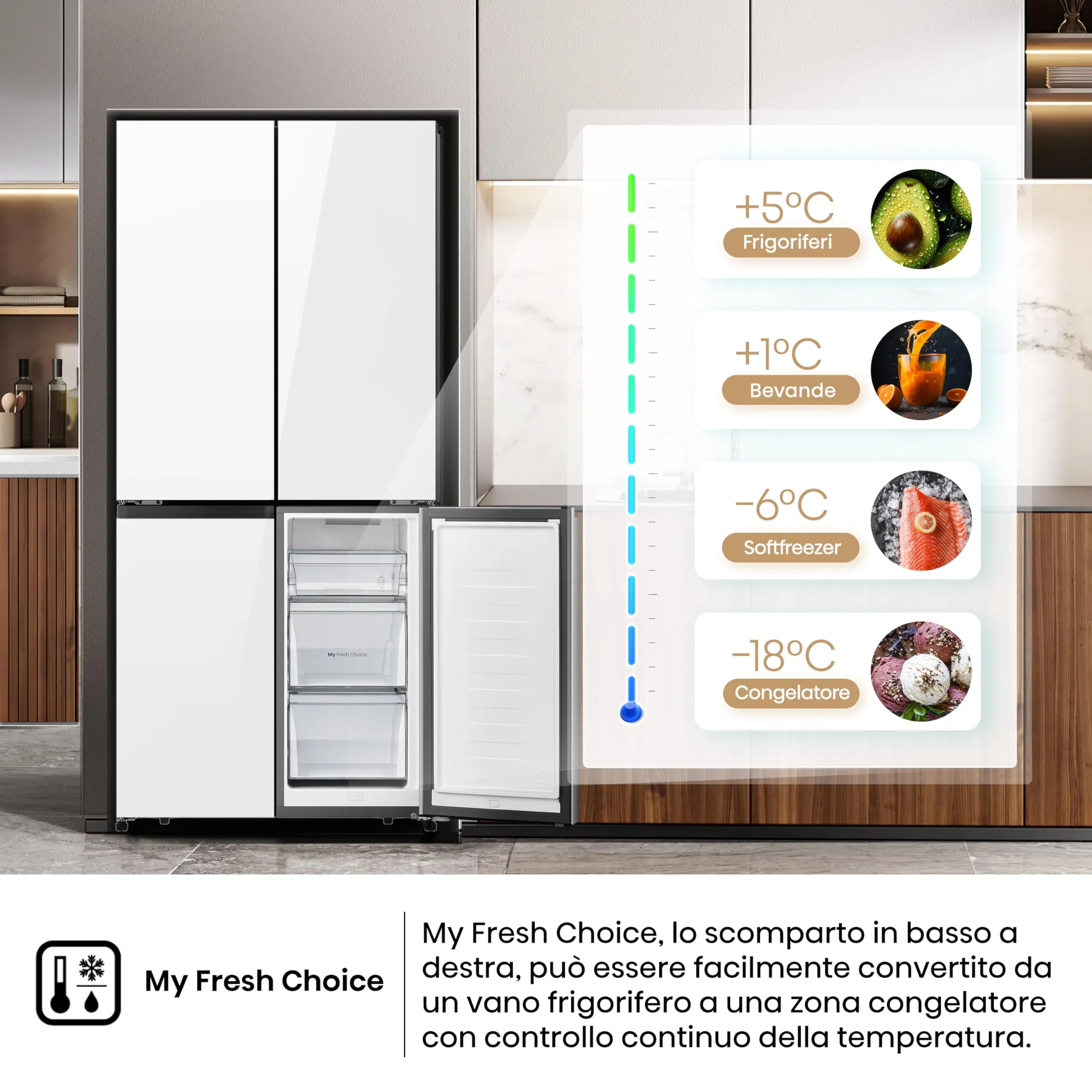 Hisense RQ5P470SETE Frigorifero Americano Quattro Porte Classe E Vetro Bianco Total No Frost WiFi Metal Cooling Zona Convertibile Dispenser Acqua Motore Inverter - immagine 5