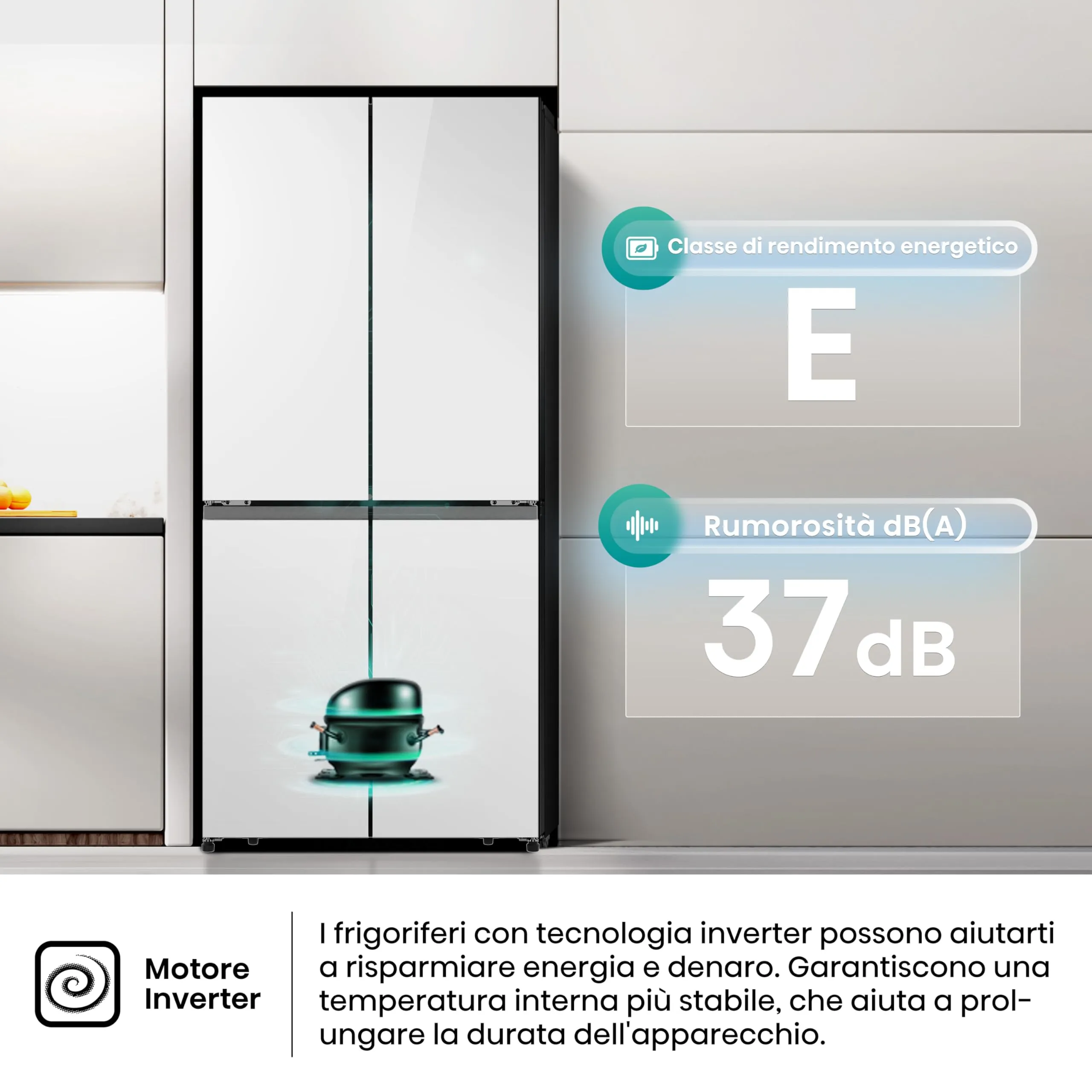 Hisense RQ5P470SETE Frigorifero Americano Quattro Porte Classe E Vetro Bianco Total No Frost WiFi Metal Cooling Zona Convertibile Dispenser Acqua Motore Inverter - immagine 7