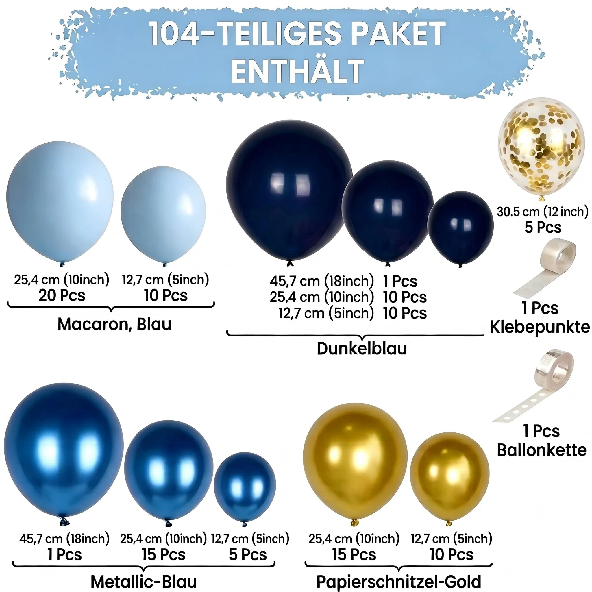 Balloon Garland Kit Arco Palloncini Blu Marino e Oro, 104 Pezzi con Palloncini Coriandoli, Blu e Oro per Compleanno, Baby Shower, Laurea e Matrimonio - immagine 2